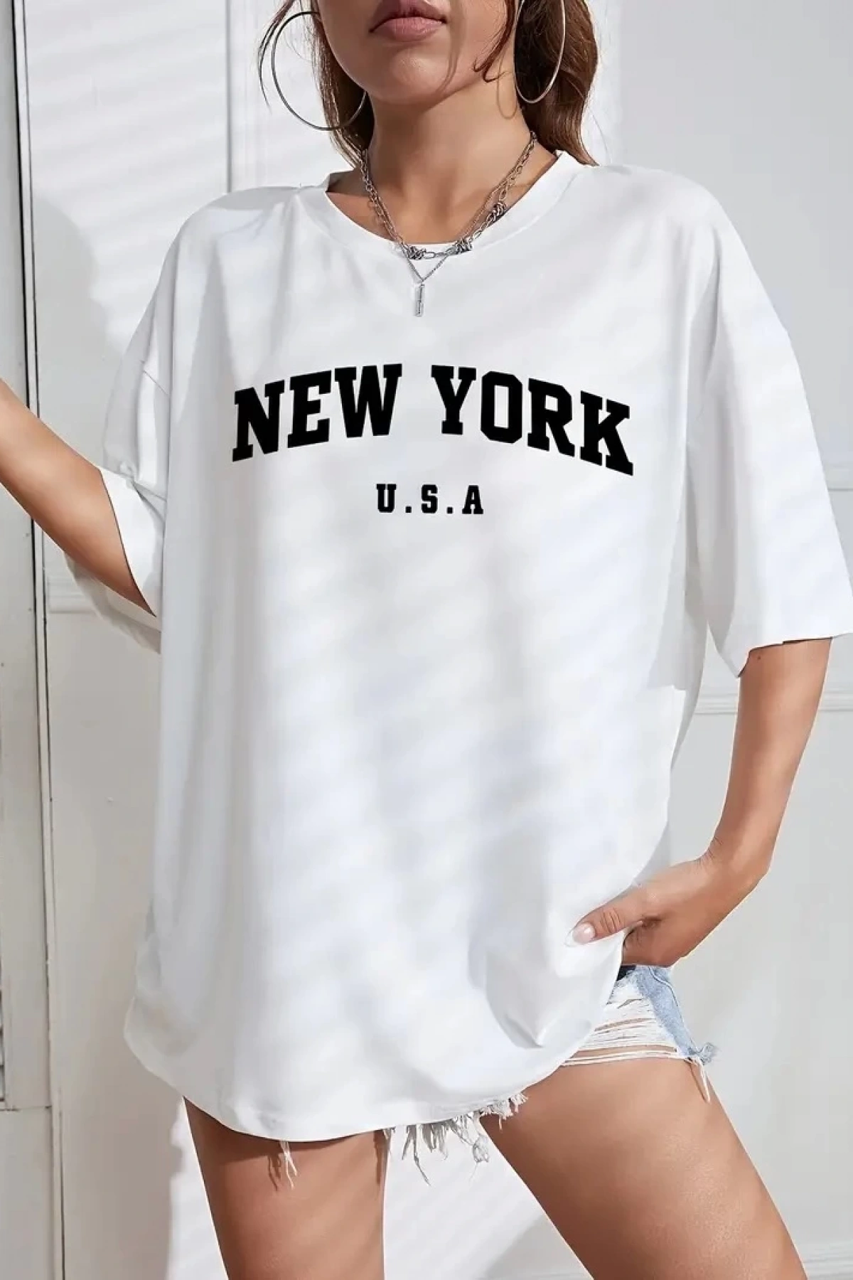 20/1 Penye CompackNew York Baskılı Oversize Kısa Kol Bisiklet Yaka T-shirt - Beyaz