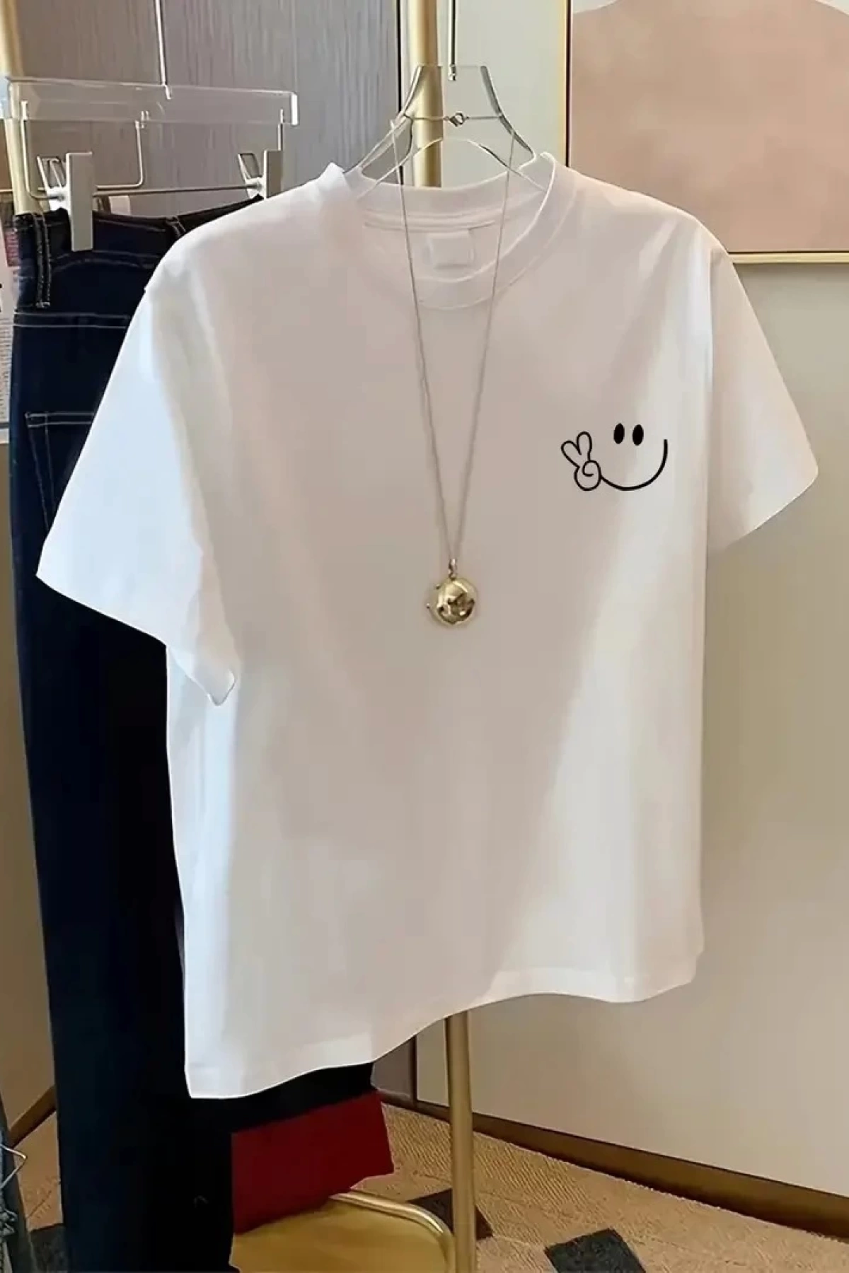 Gülücük Baskılı Oversize Bisiklet Yaka T-shirt - Beyaz