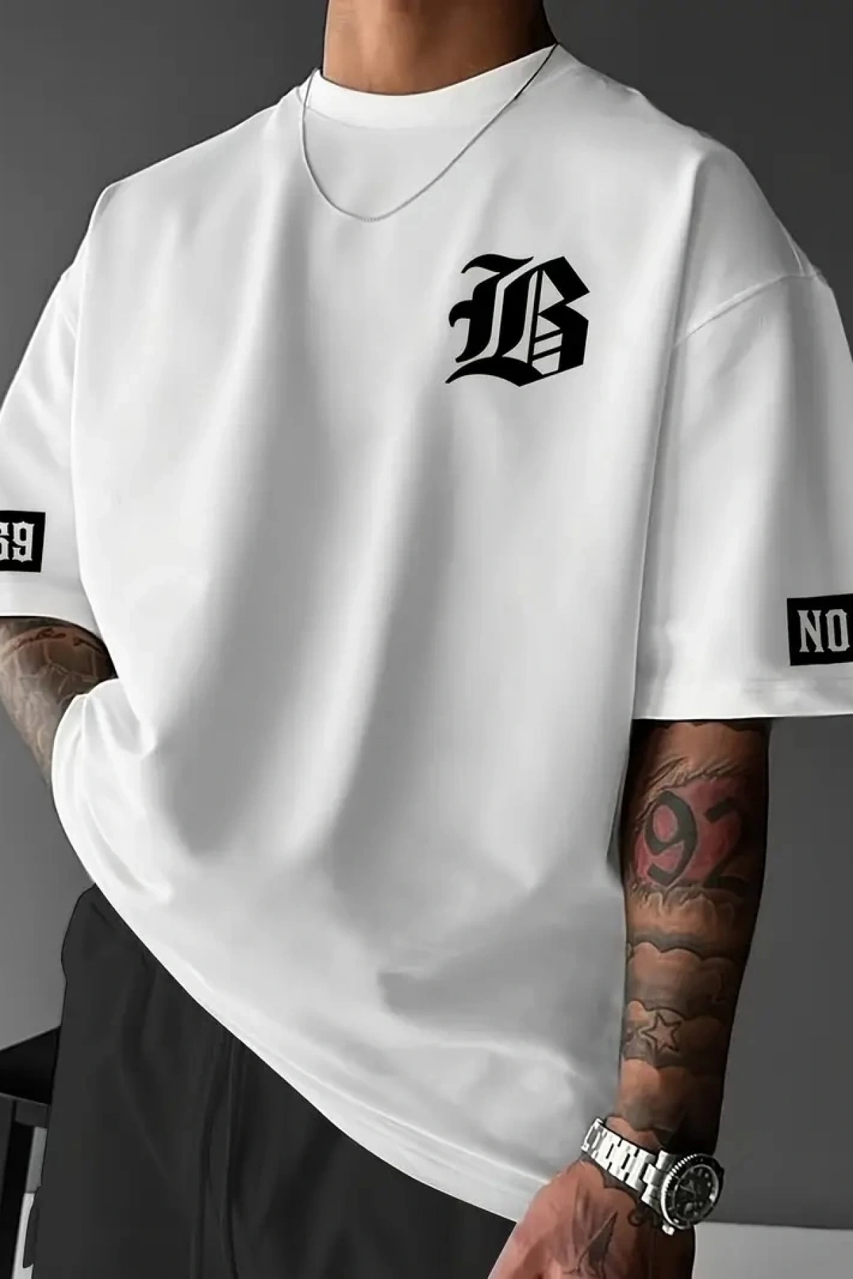 LB Baskılı Ön Arka Oversize Bisiklet Yaka Kısa Kol T-shirt - Beyaz