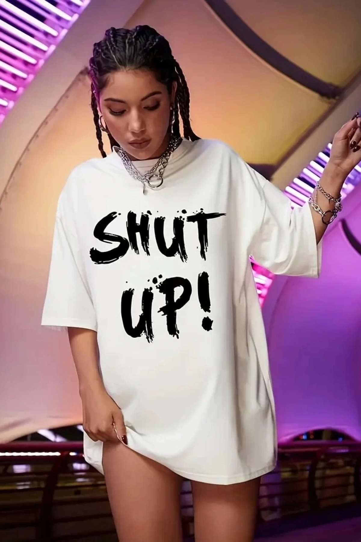 20/1 Penye Compack Oversize Beyaz Shut Up Kısa Kol Yazlık Tişört - Beyaz