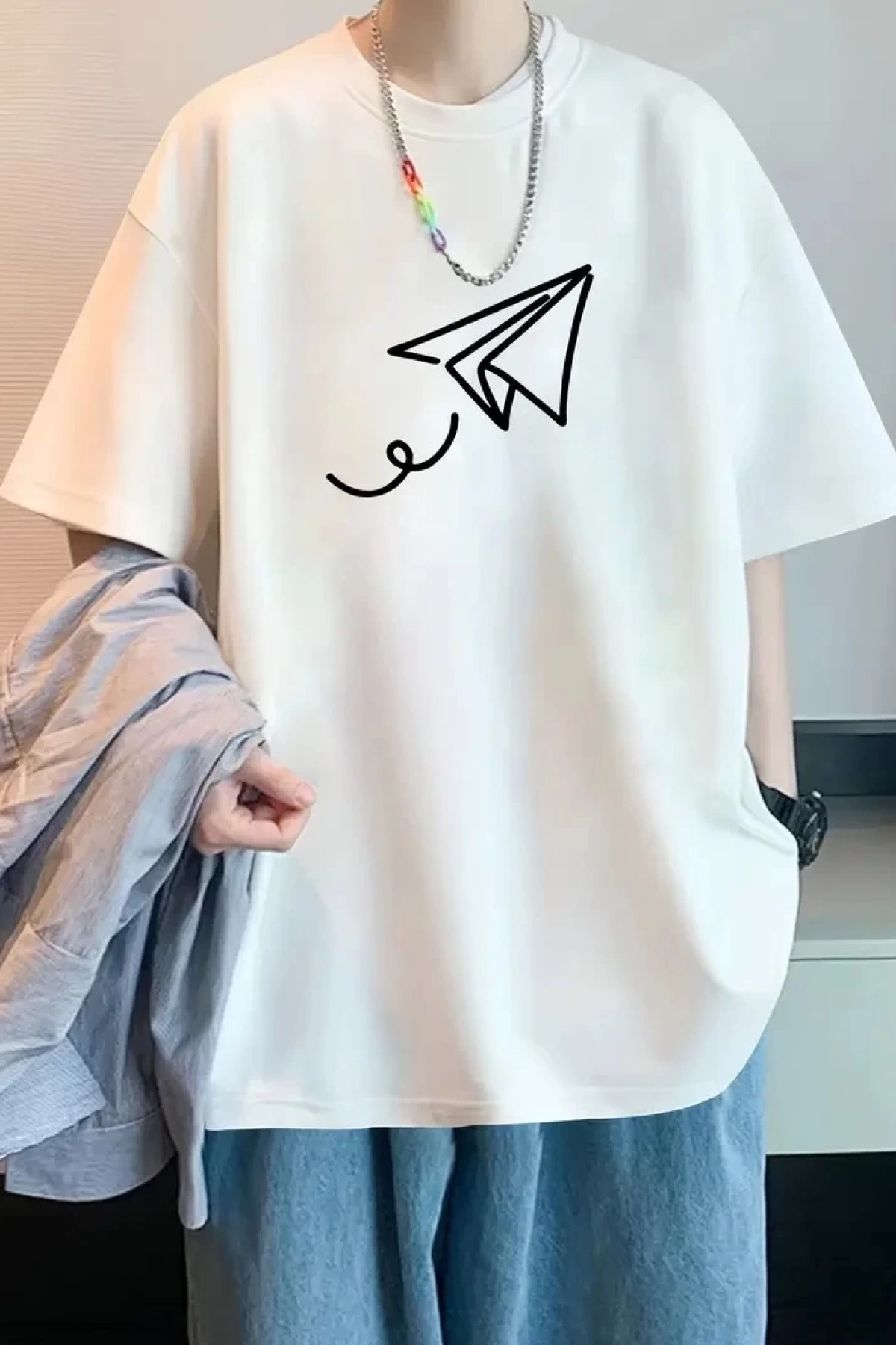Uçak Baskılı Oversize Bisiklet Yaka T-shirt - Beyaz