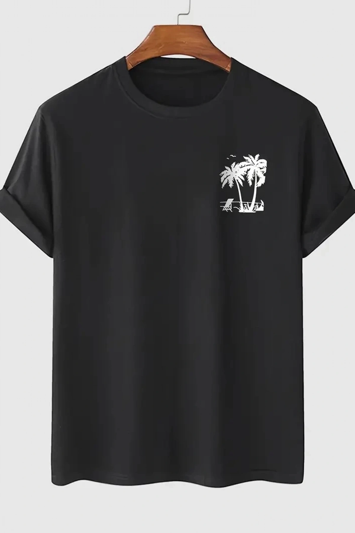 20/1 Penye Compack Palmiye Ön Baskılı Oversize Bisiklet Yaka Kısa Kol Yazlık T-shirt - Siyah