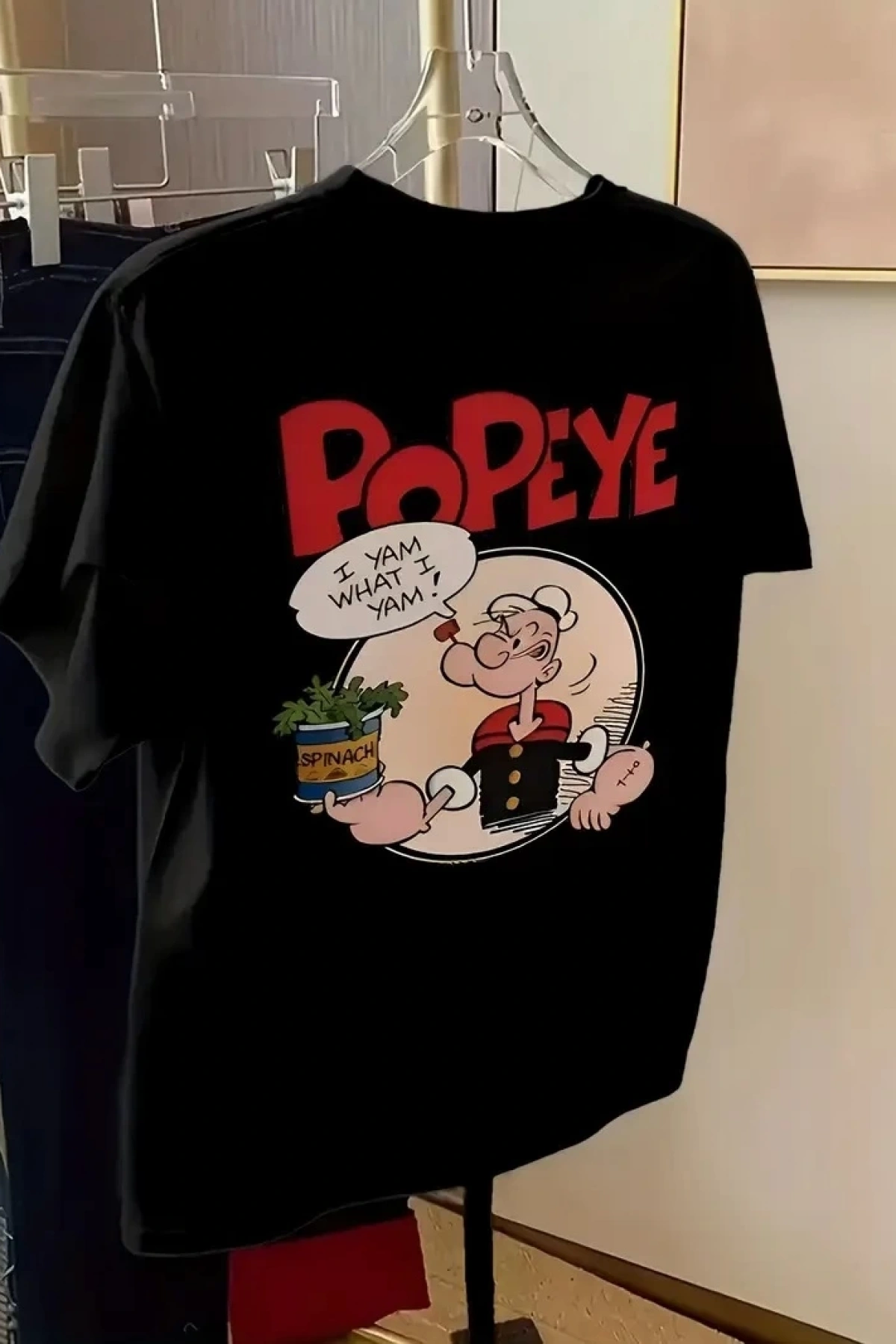 Erkek Oversize Tişörtü  Popeye the Sailor Retro Vintage Ispanak | Hediye olarak idealdir, farklı boyutları mevcuttur. - Siyah
