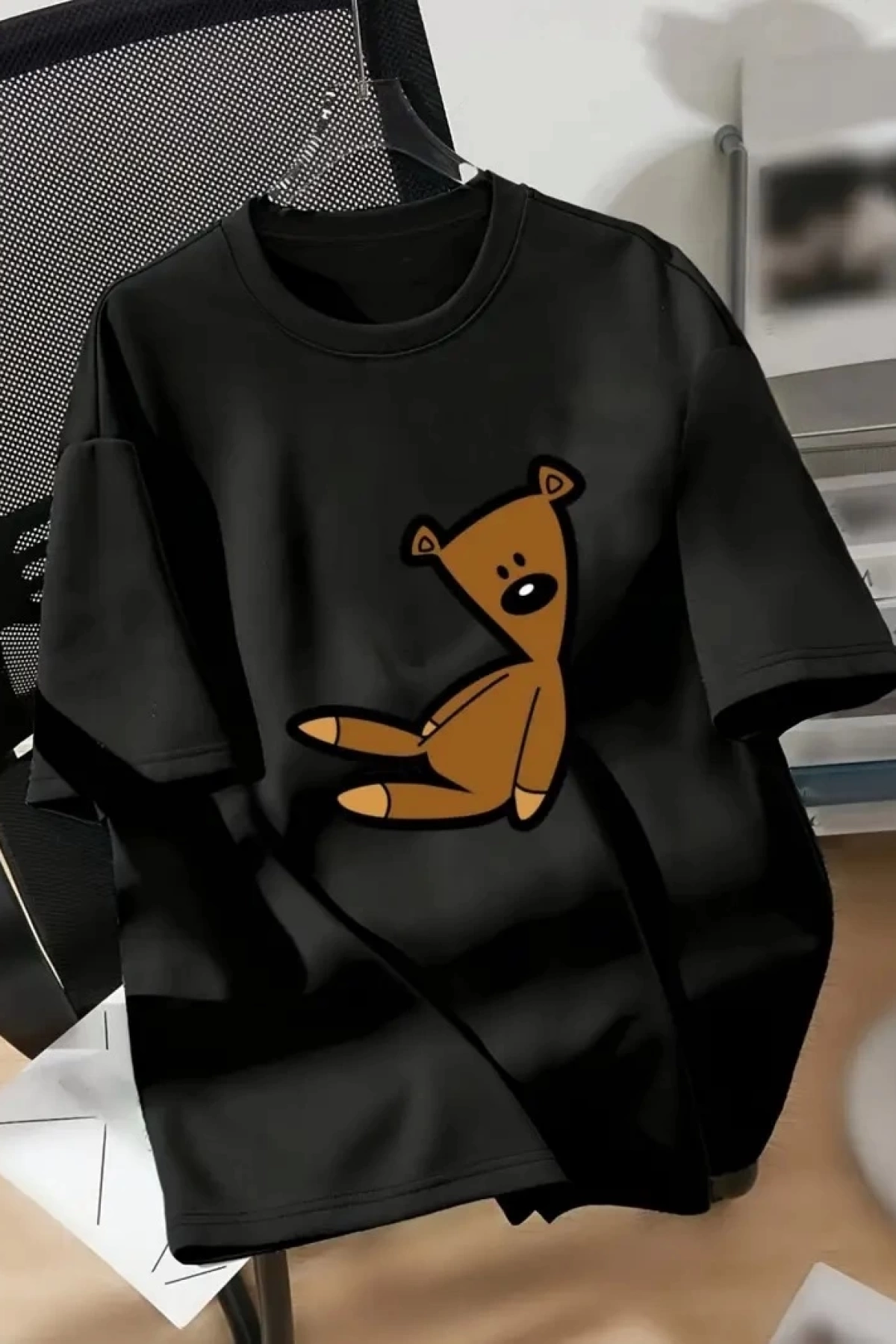 Ayı Baskılı Oversize Bisiklet Yaka T-shirt - Siyah