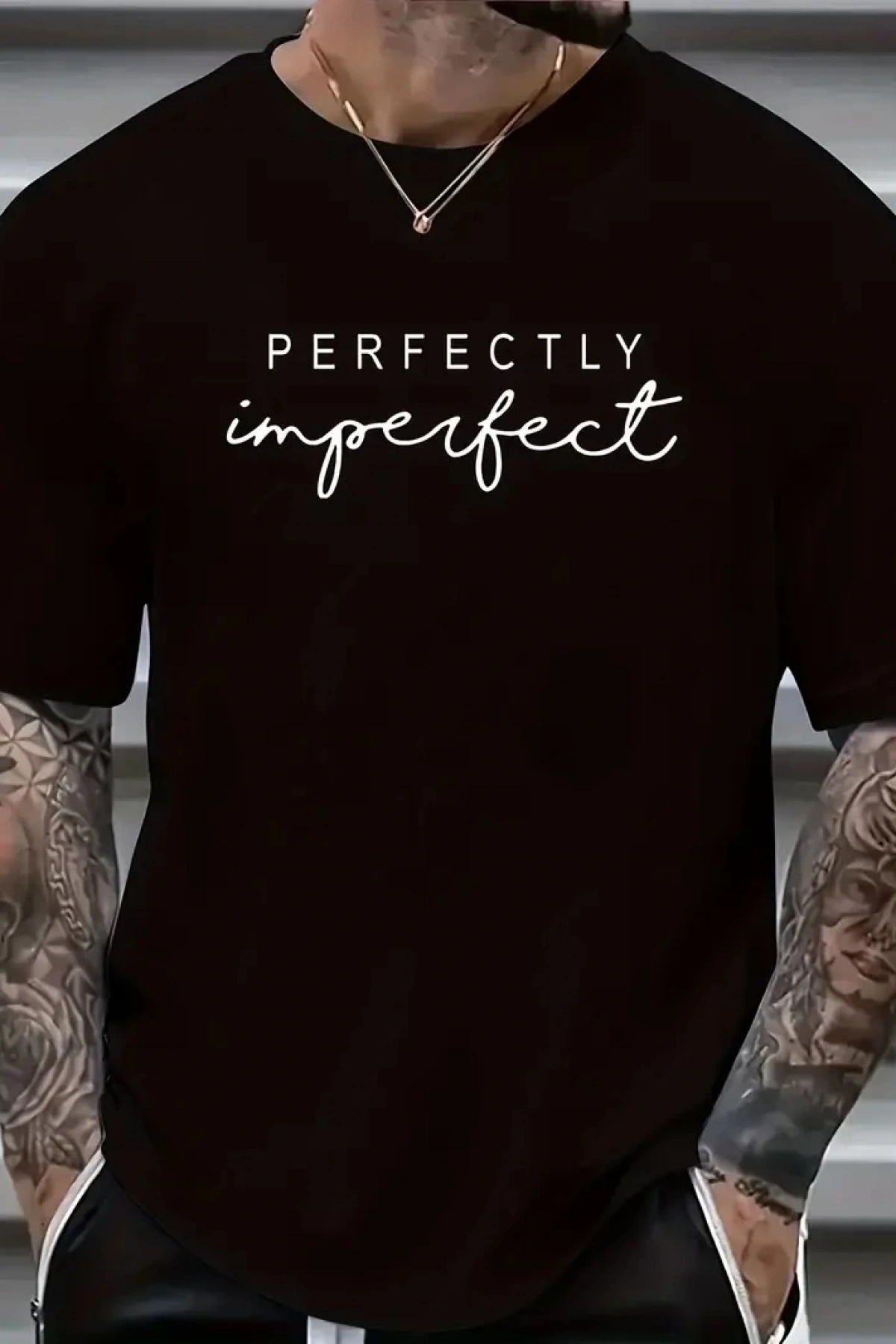 erkekler için Ön Arka Baskılı PERFECTLY günlük Kısa Kol tişört - Siyah