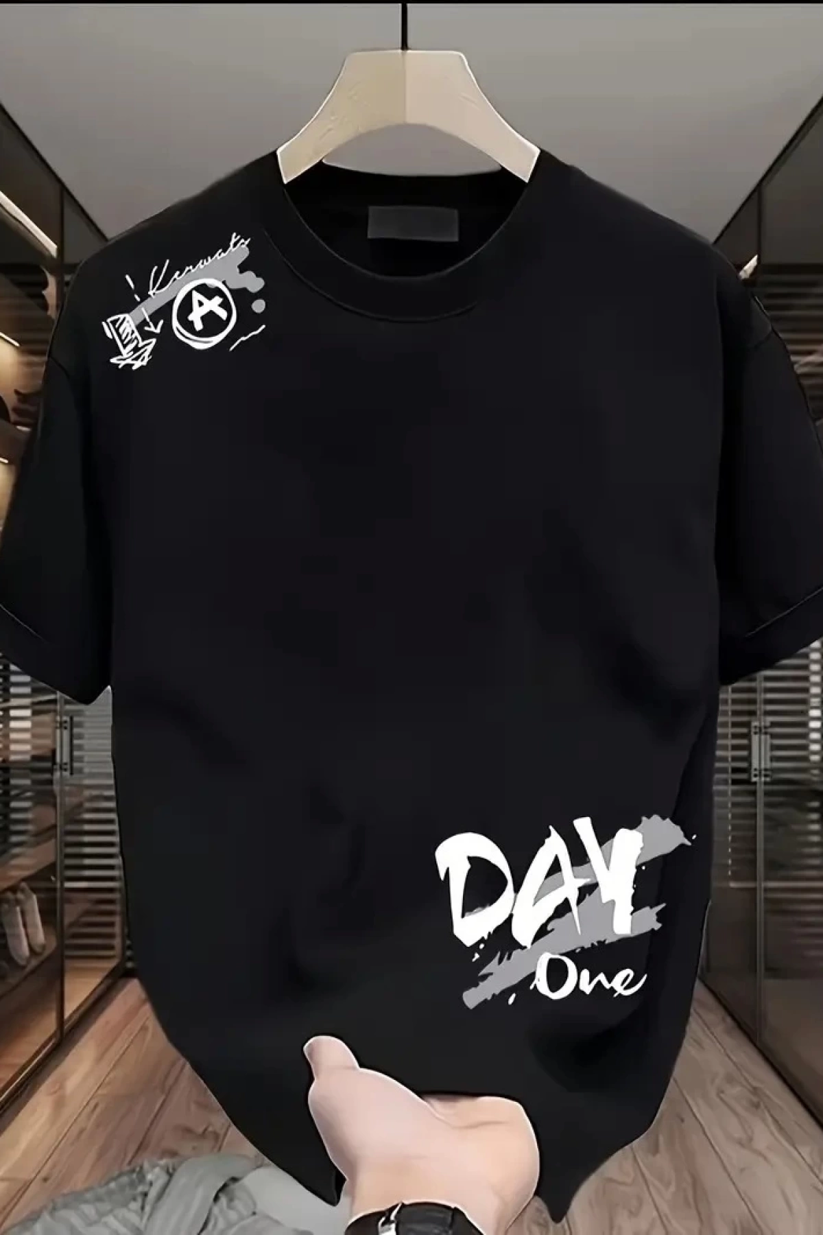 Day One Baskılı Oversize Bisiklet Yaka T-shirt - Siyah