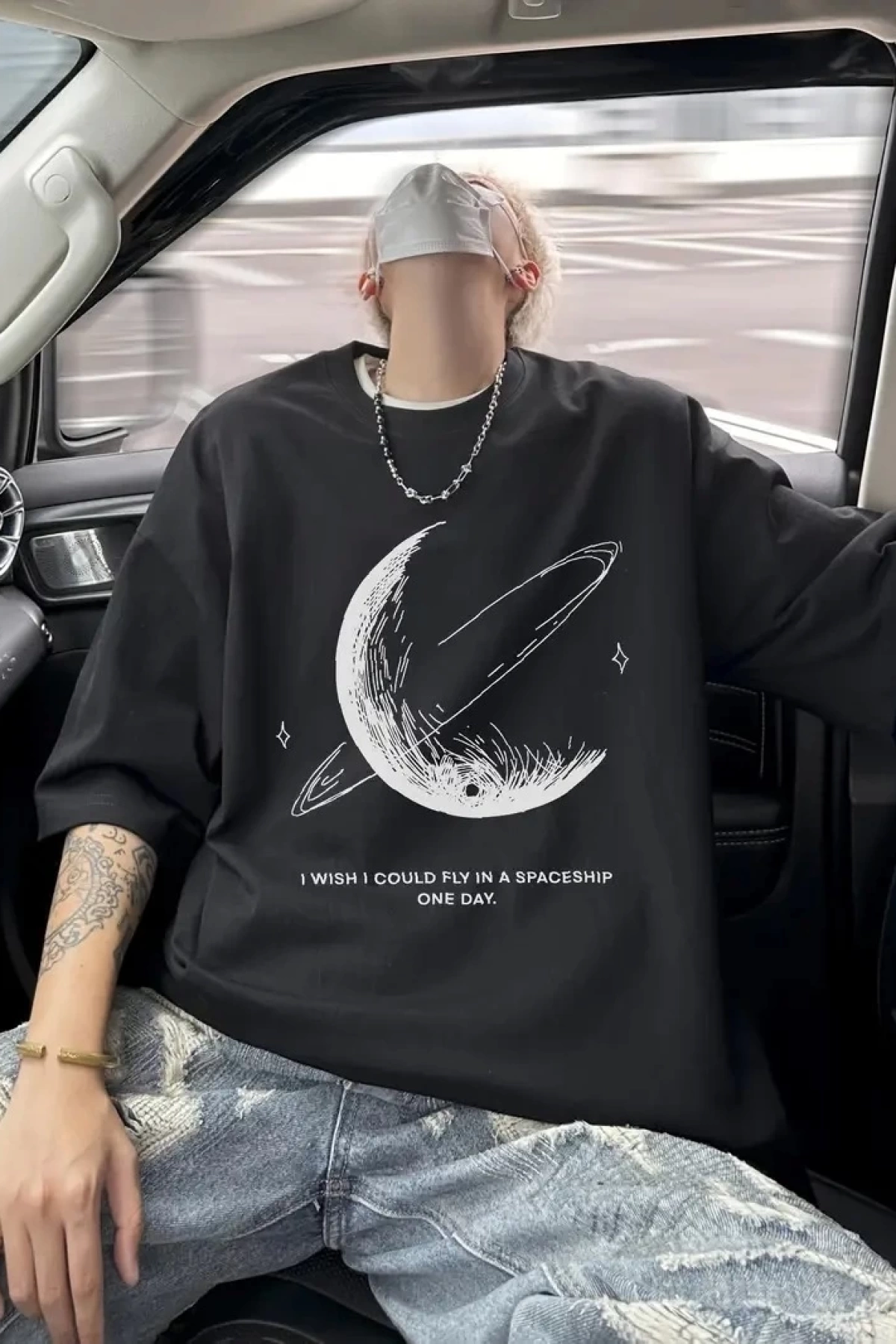 Baskılı Oversize Bisiklet Yaka T-shirt - Siyah
