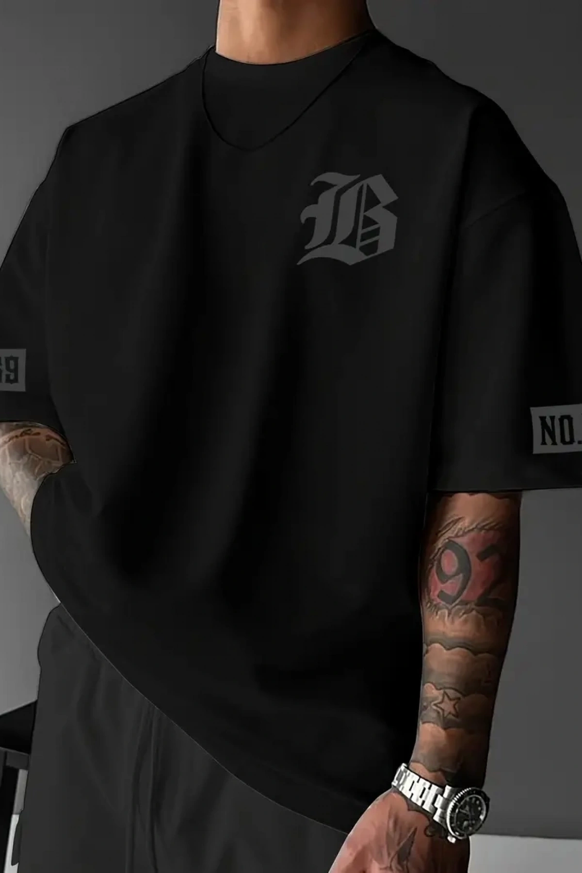 LB Ön Arka Baskılı Oversize Bisiklet Yaka Yazlık T-shirt - Siyah