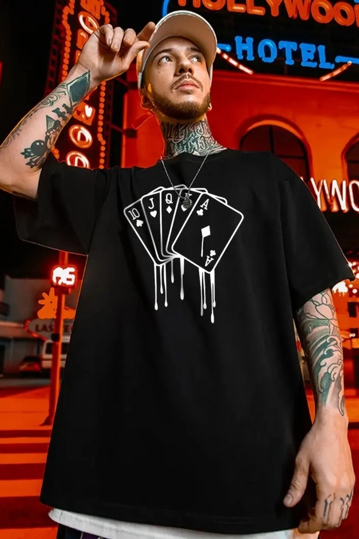 erkek büyük beden Kart baskılı düz renk kısa kollu bisiklet yaka tişört gündelik giyim - Siyah