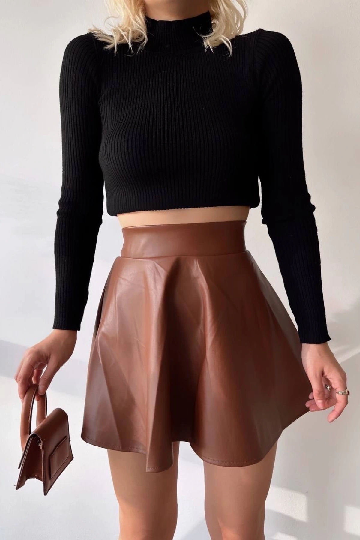 Beli lastikli deri etek kahve s24599