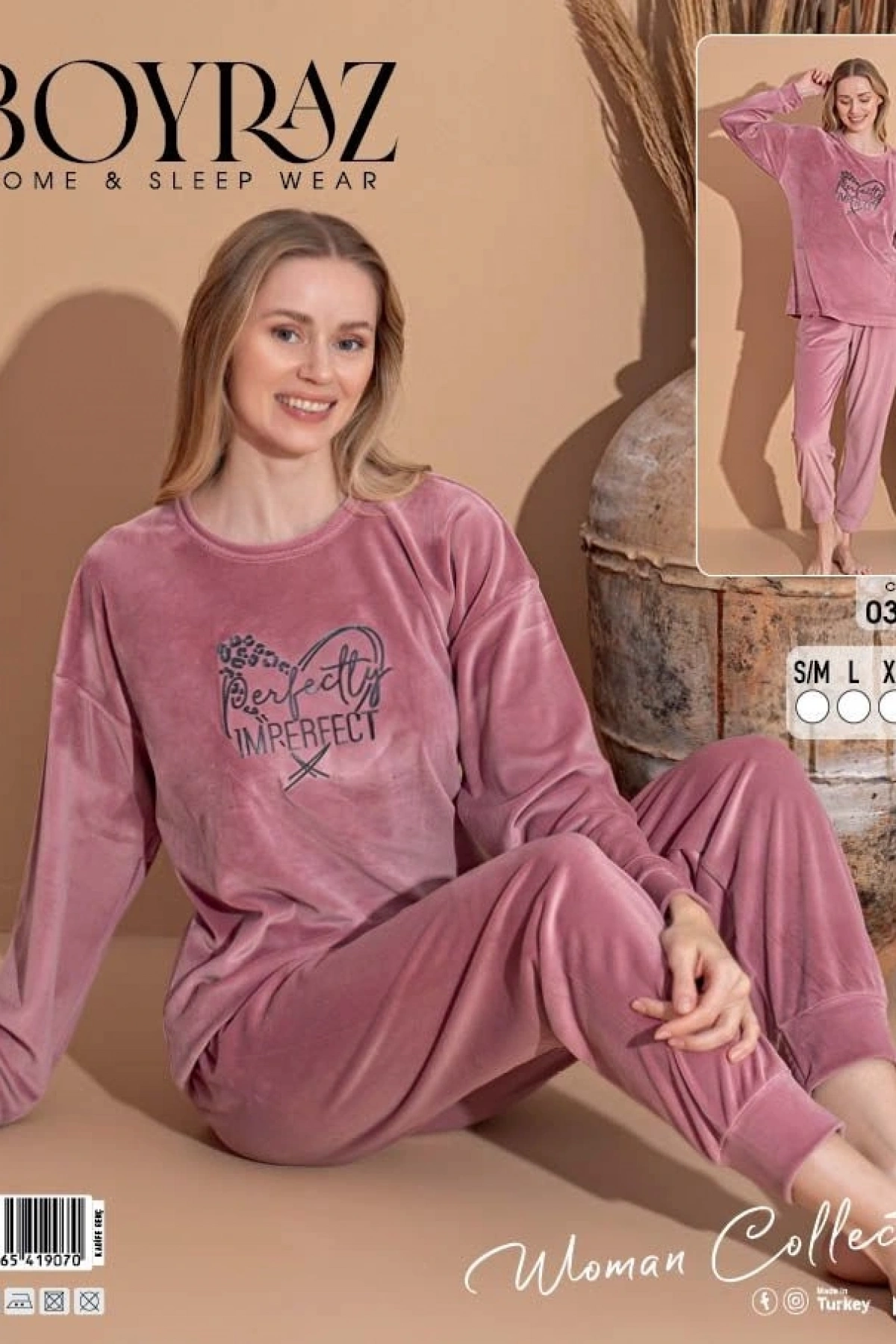 Boyraz 03080 Fransız Kadife Kumaş Uzun Kol Pijama Takımı