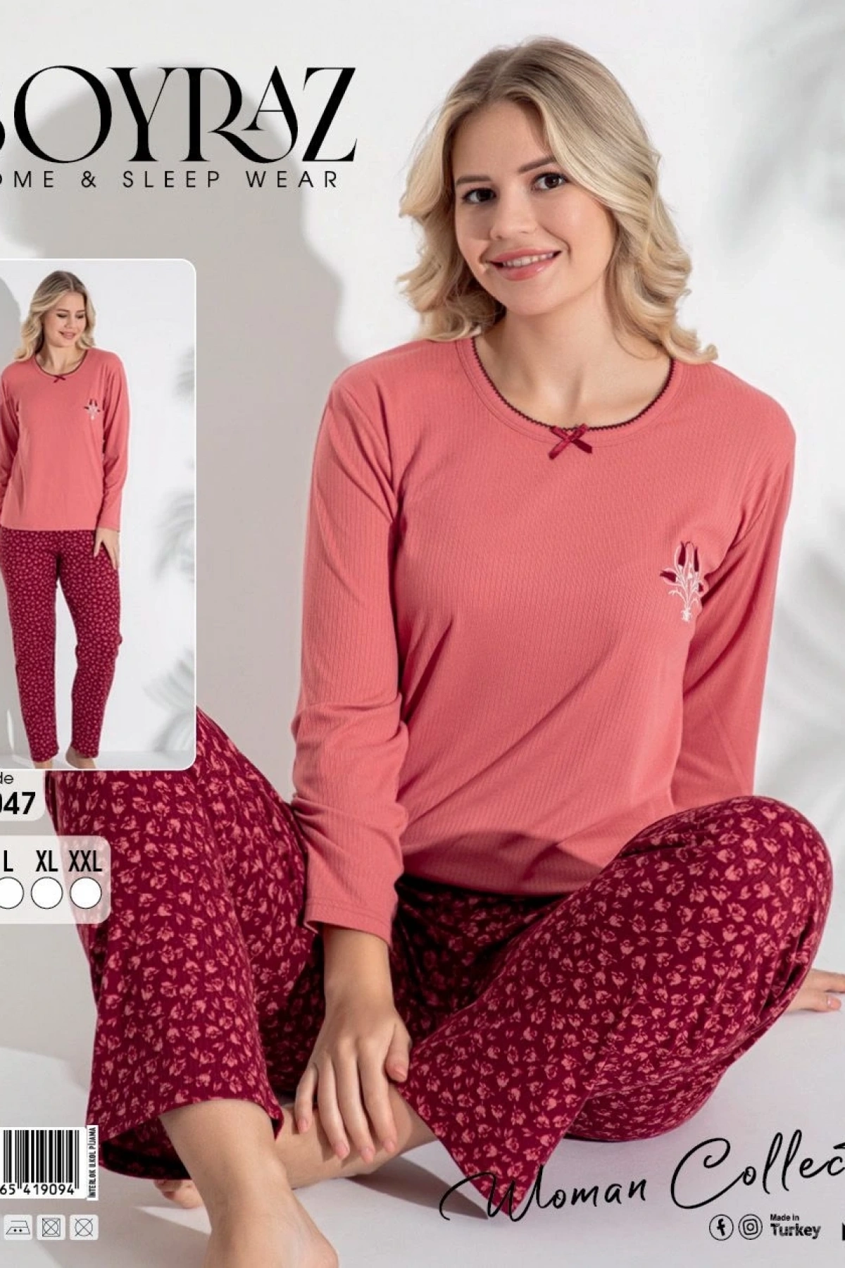 Boyraz 04047 Kadın Raporlu Uzun Kol Pijama Takımı