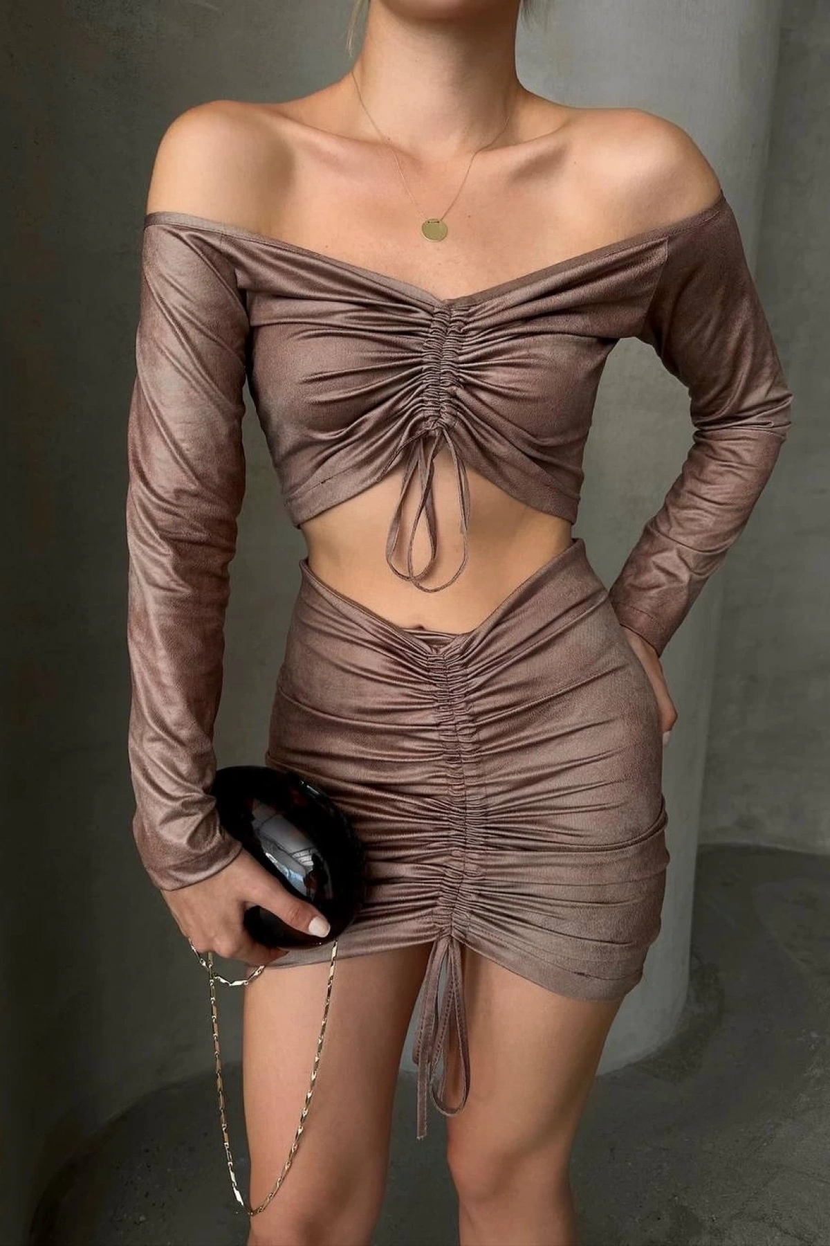 Büzgülü etek bluz takım kahve s24709