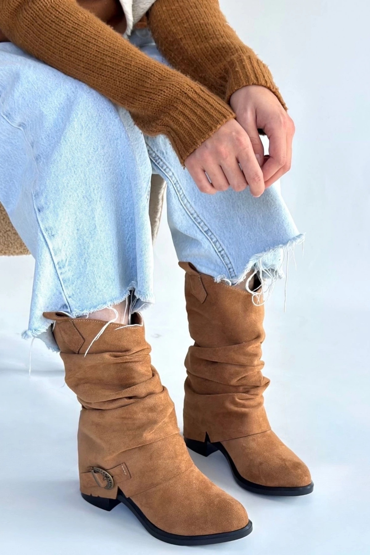 Canty Taba Süet Körüklü Topuklu Çizme