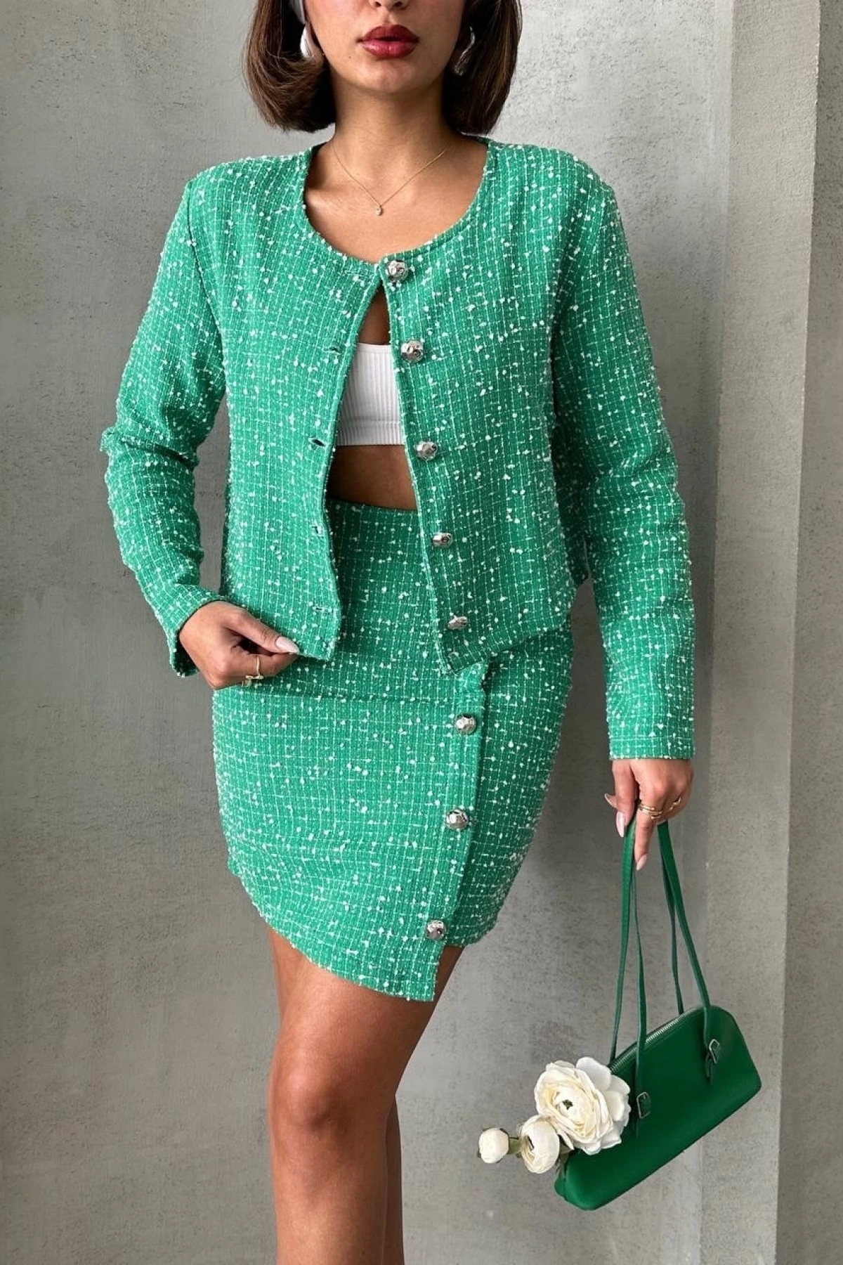 Ceketli etek takım chl kumaş yeşil h24443