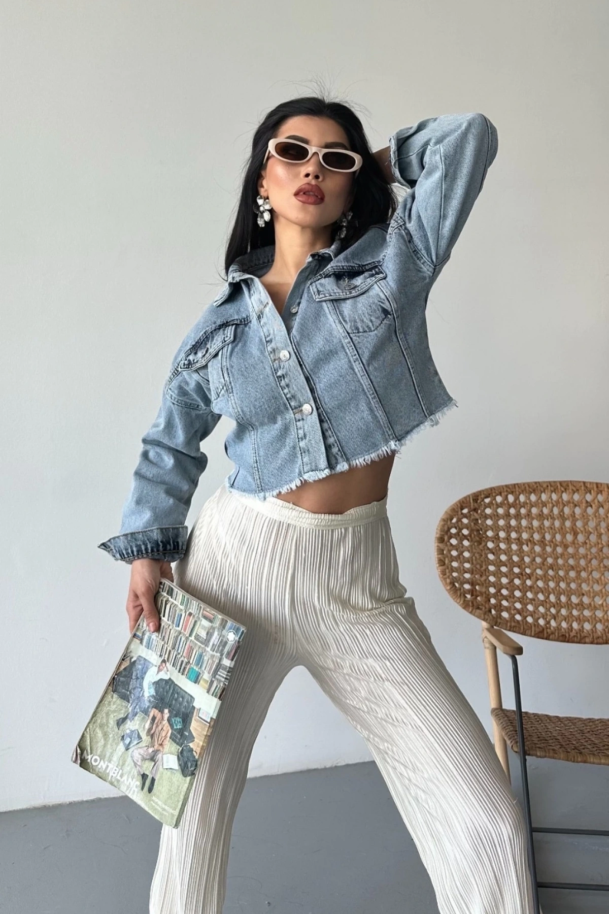 Çift kapaklı püsküllü crop buz mavi d2002