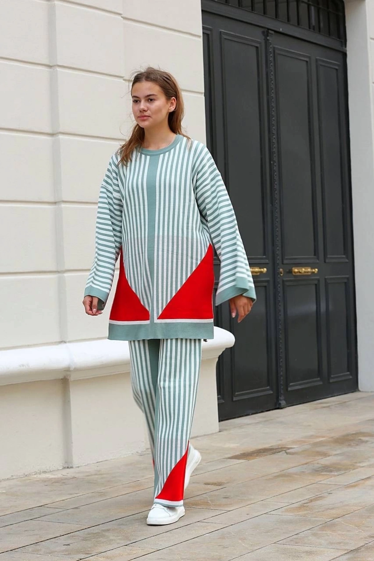 Çizgili bisiklet yaka triko takım Mint