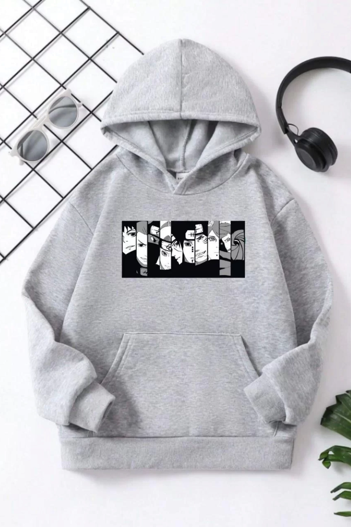 Çocuk Unisex Kapüşonlu Koyu Anime Baskılı Sweatshirt - Gri