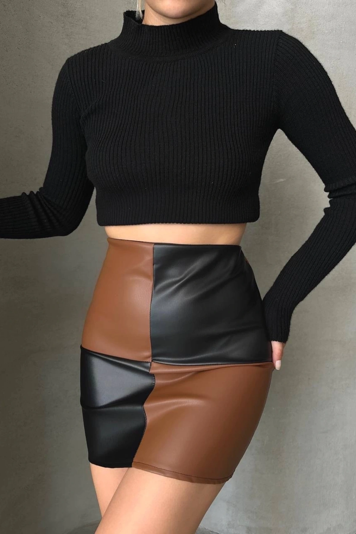 Damalı deri etek siyah kahve w24648