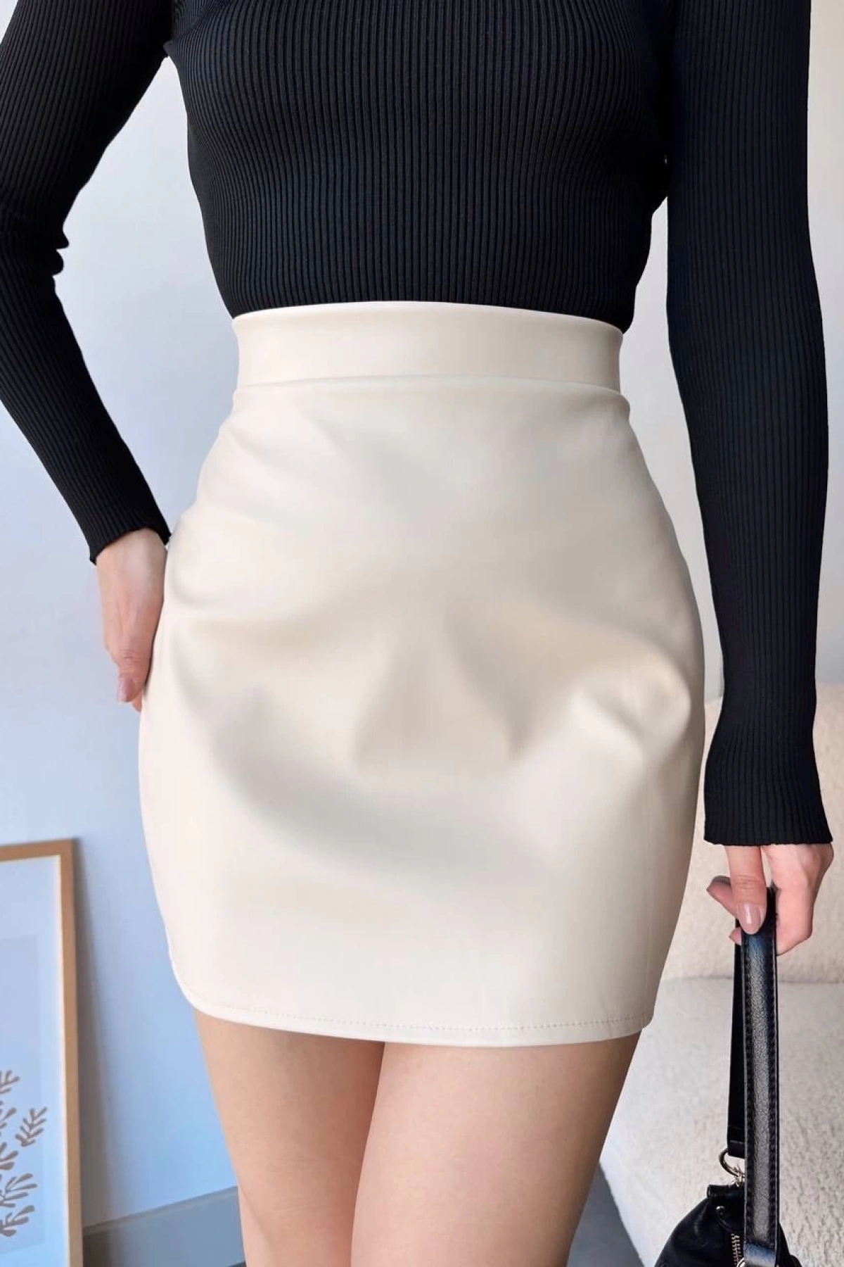 Düz deri etek bej h24468