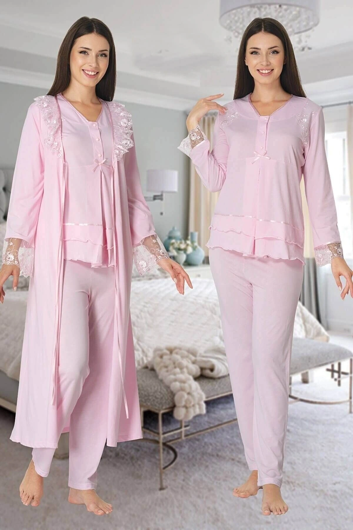 Effortt 2424 Uzun Dantel Sabahlıklı Lohusa Pijama
