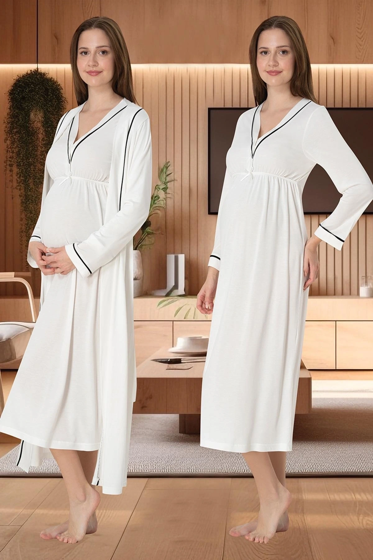 Effortt 4055 Biye Detaylı Sabahlıklı Lohusa Gecelik Takımı