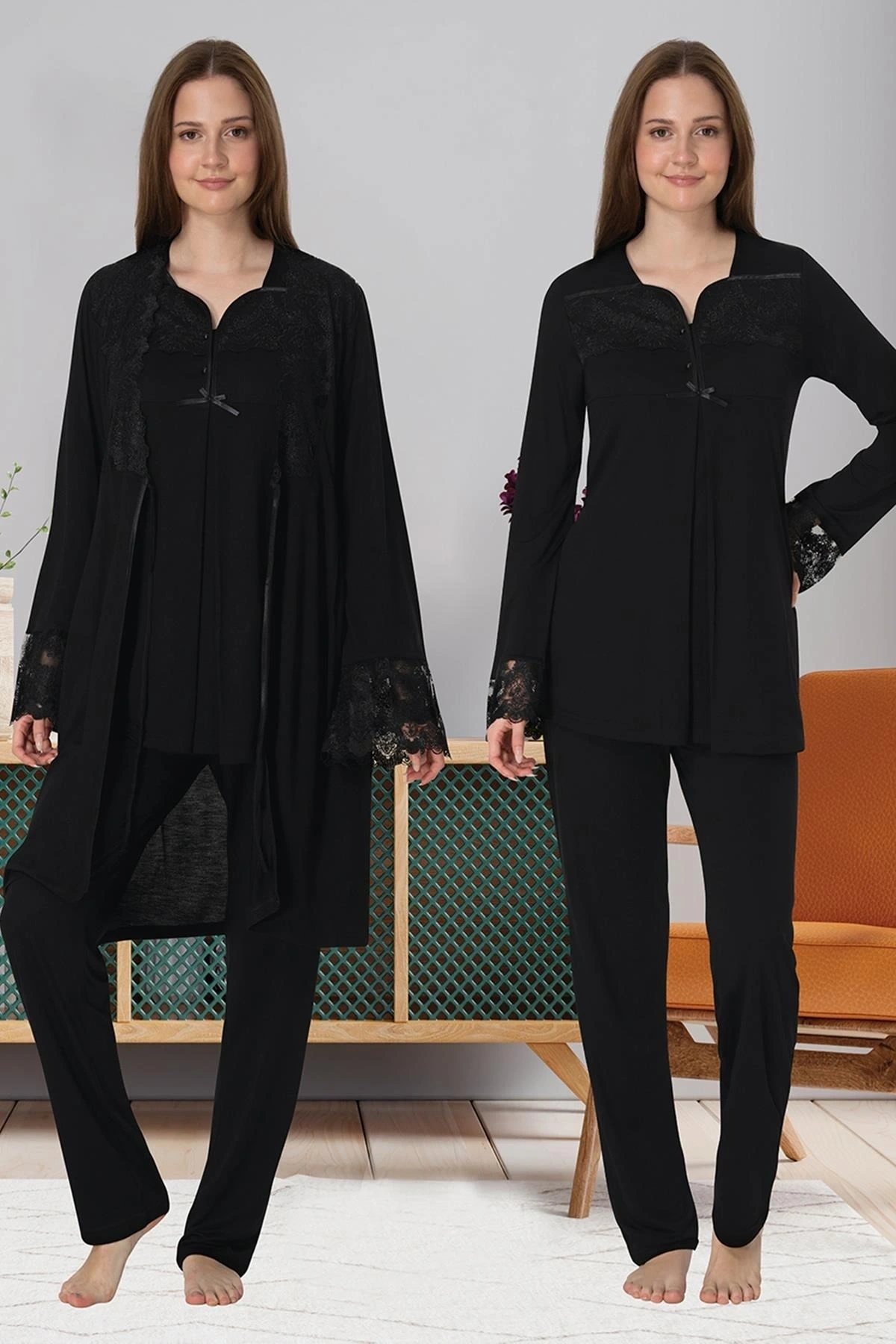 Effortt 4084 Dantelli Sabahlıklı Lohusa Pijama Takımı