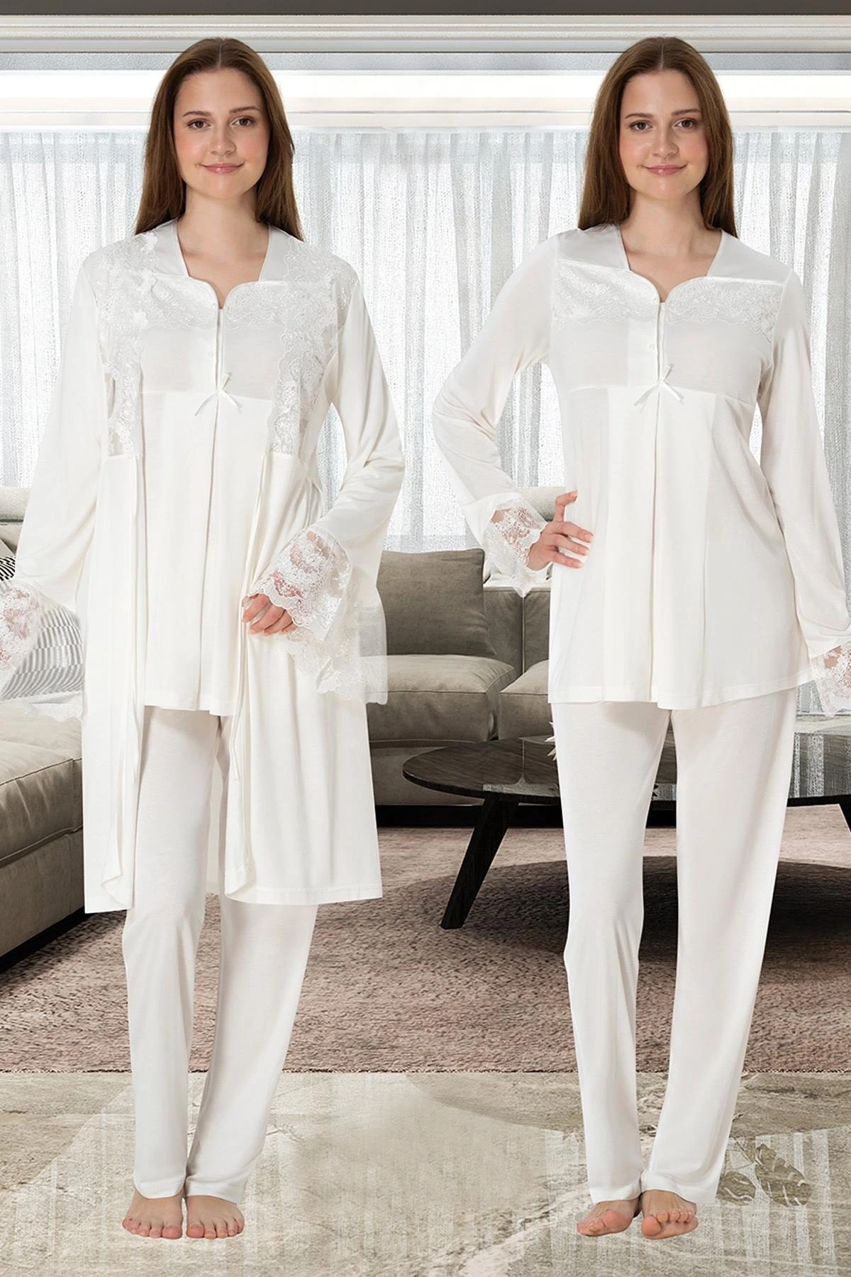 Effortt 4084 Dantelli Sabahlıklı Lohusa Pijama Takımı