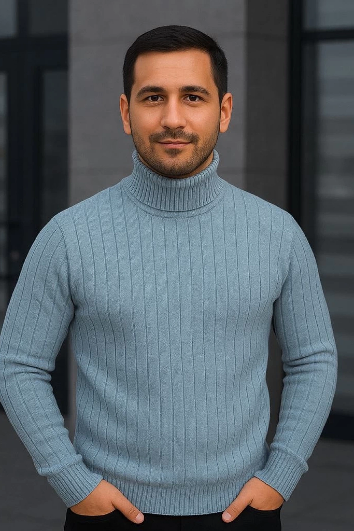 Erkek Balıkcı Yaka Bağazlı Triko Kazak Pamuklu Kalın Fitilli Dokuma, Regular Fit Uzun Kollu Kışlık Model - Bebe Mavisi