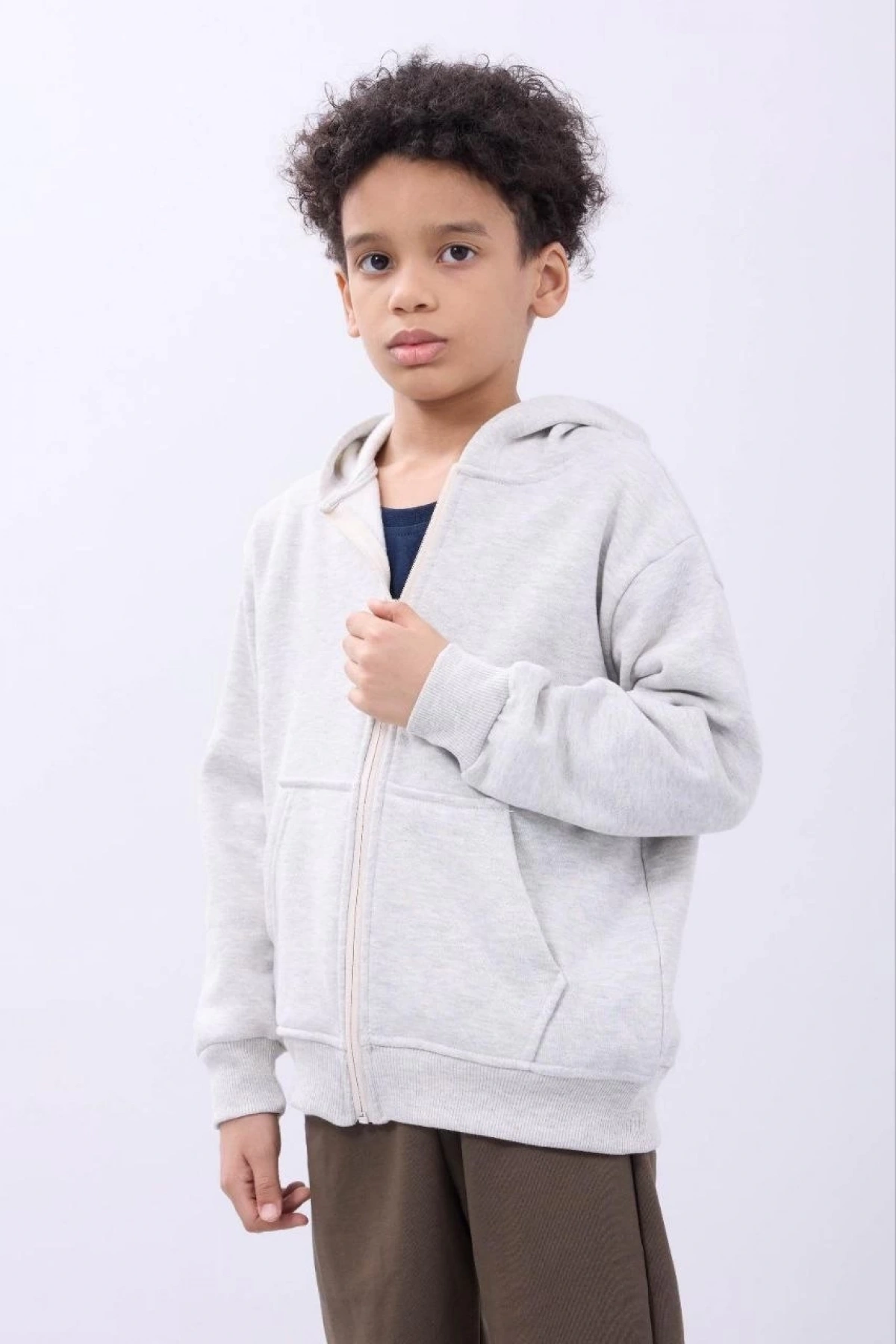 Erkek Çocuk Kapüşonlu Kanguru Çepli Tam Fermuarlı Hırka SweatShirt - Gri