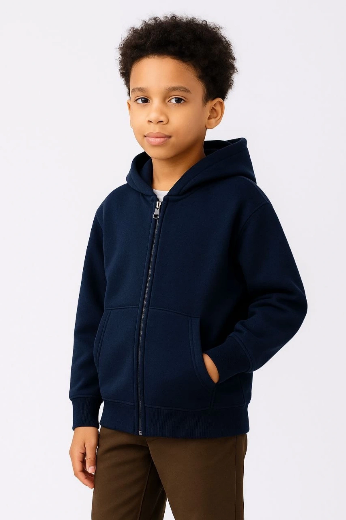 Erkek Çocuk Kapüşonlu Kanguru Çepli Tam Fermuarlı Hırka SweatShirt - Lacivert