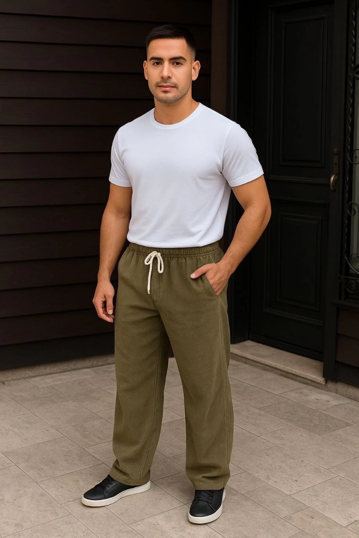 Erkek Fitilli Kadife Cepli Buggy Pantolon Oversize Rahat Kalıp - Haki