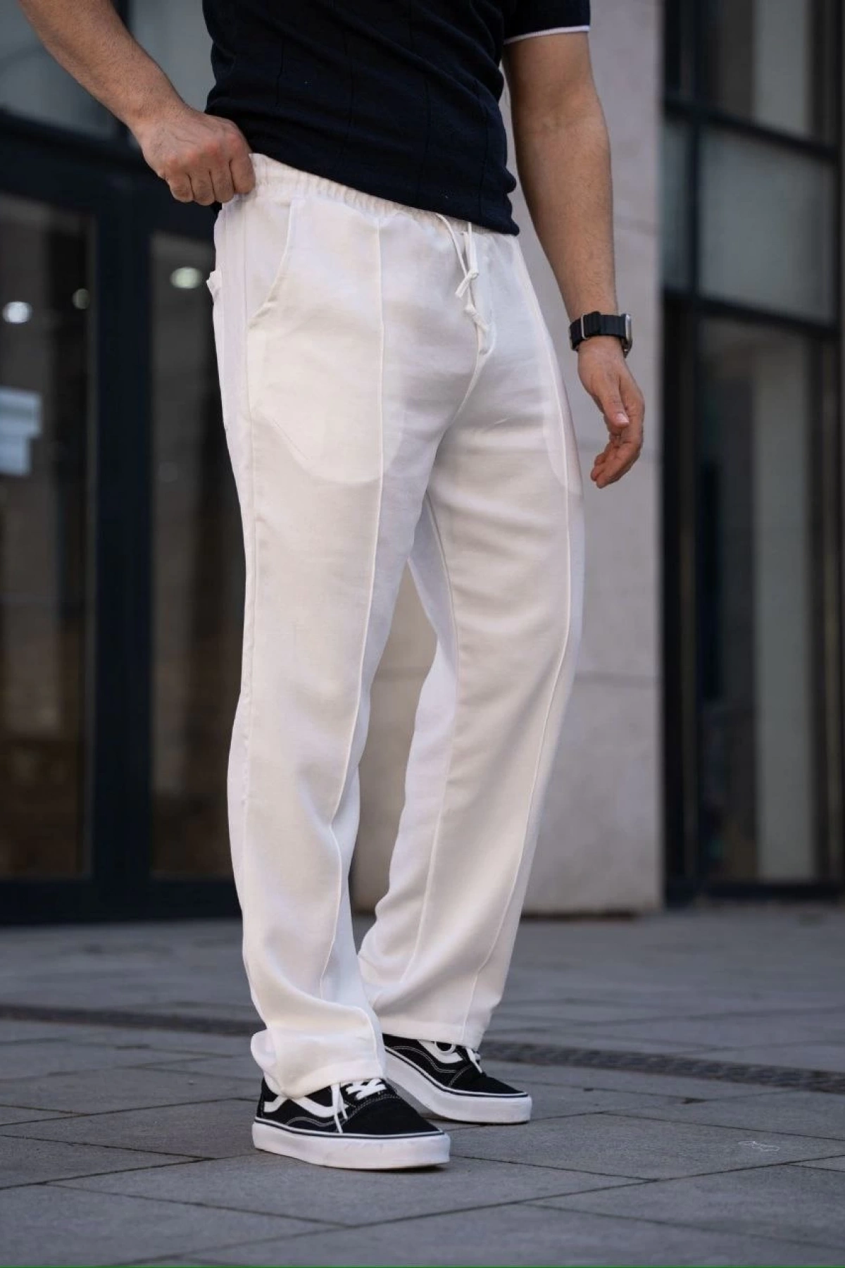 Erkek Keten Cepli Çıma Dikişli jogger Buggy Pantalon Rahat kalıp - Beyaz