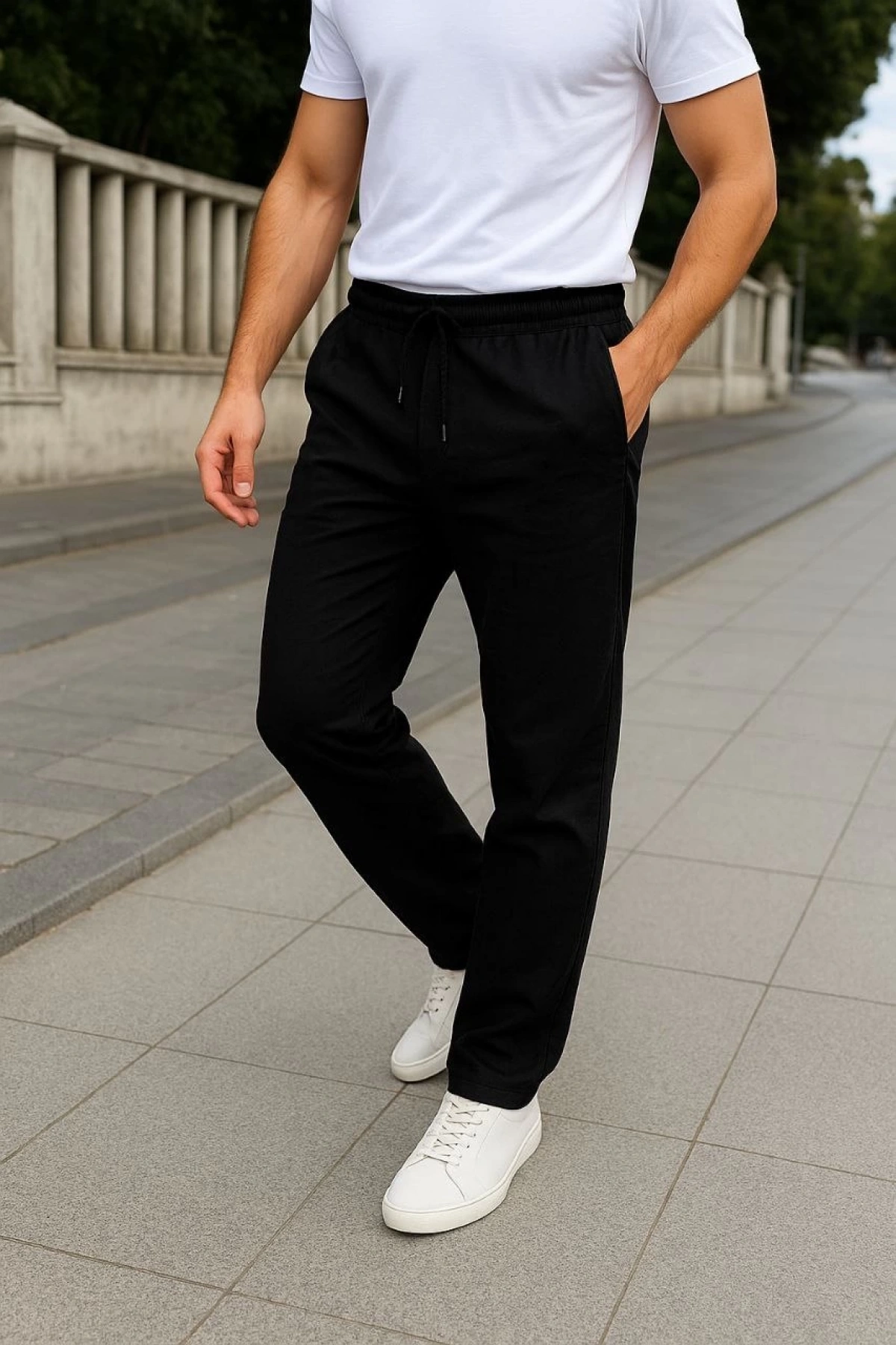 Erkek Keten Pantolon – Cepli, Beli Lastikli ve Bağcıklı, Nefes Alan Rahat Kalıp, Yazlık ve Baharlık Günlük Giyim, Şık & Konforlu Boru Paça Model - Siyah