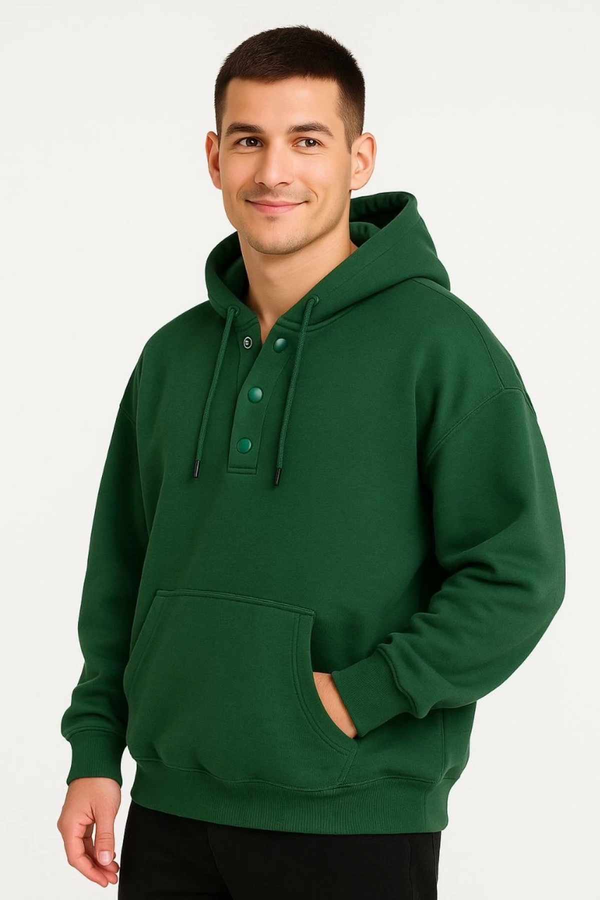 Erkek Ovarsize Kapüşonlu Swetshirt Kanguru Çepli Cıtcıtlı 3 iplik Şardonlu Hoodie - Haki