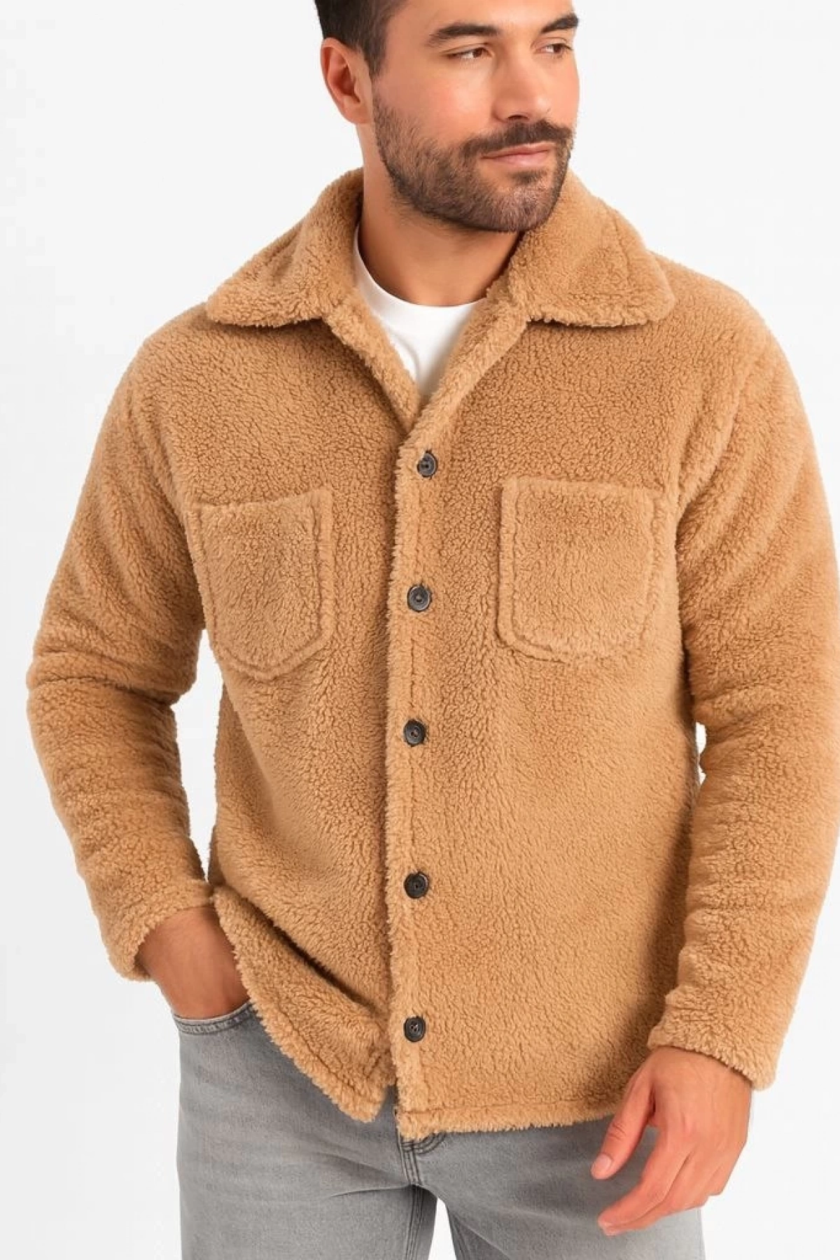 Erkek Pelüş Polar Hırka Gömlek – Yakalı, İlik Düğmeli, Göğüs Cepli, Yumuşak Dokulu Kışlık Regular Fit Rahat Günlük Model - Açık Kahve