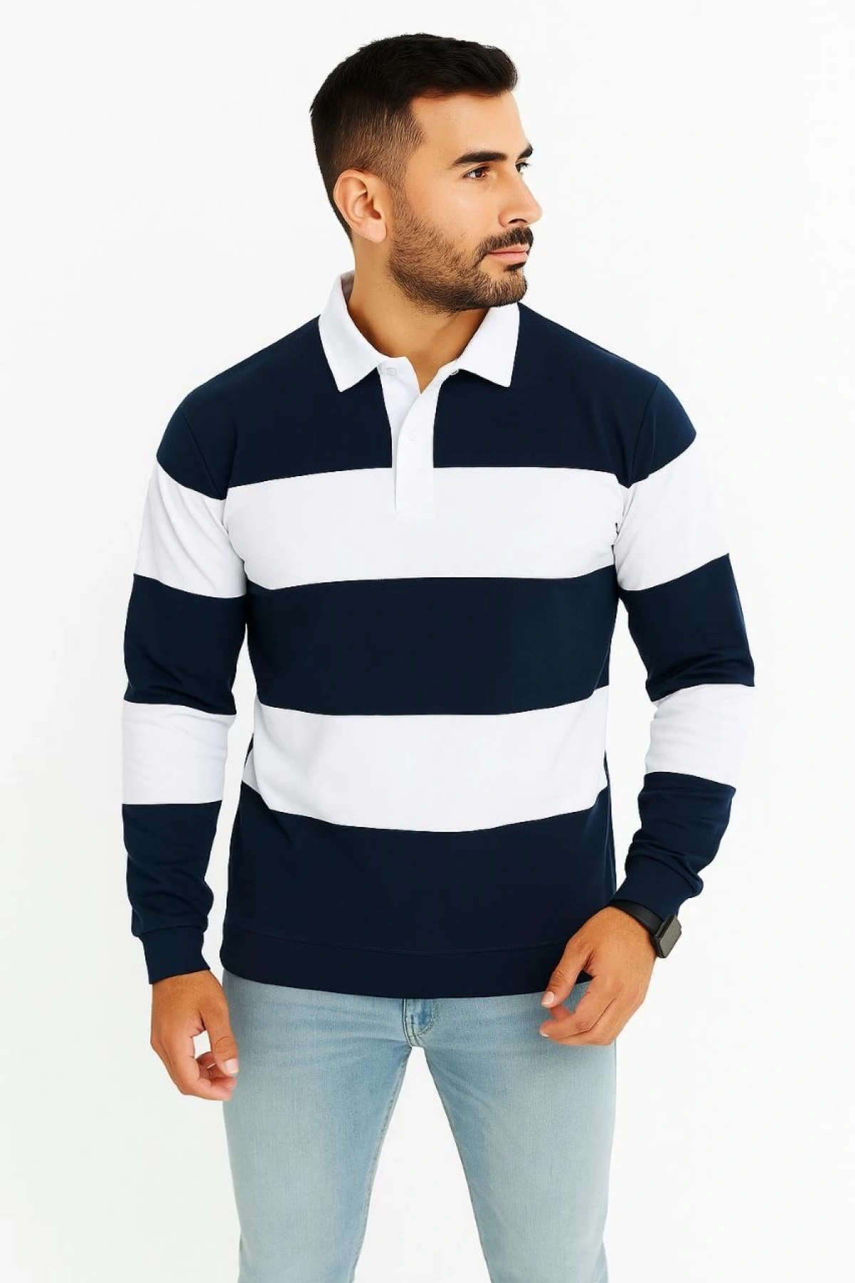 Erkek Polo Yaka Uzun Kollu Çizgili Sweatshirt Trend Rugby Stil - Lacivert