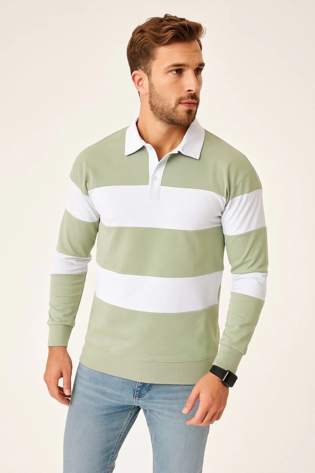 Erkek Polo Yaka Uzun Kollu Çizgili Sweatshirt Trend Rugby Stil - Mint Yeşili