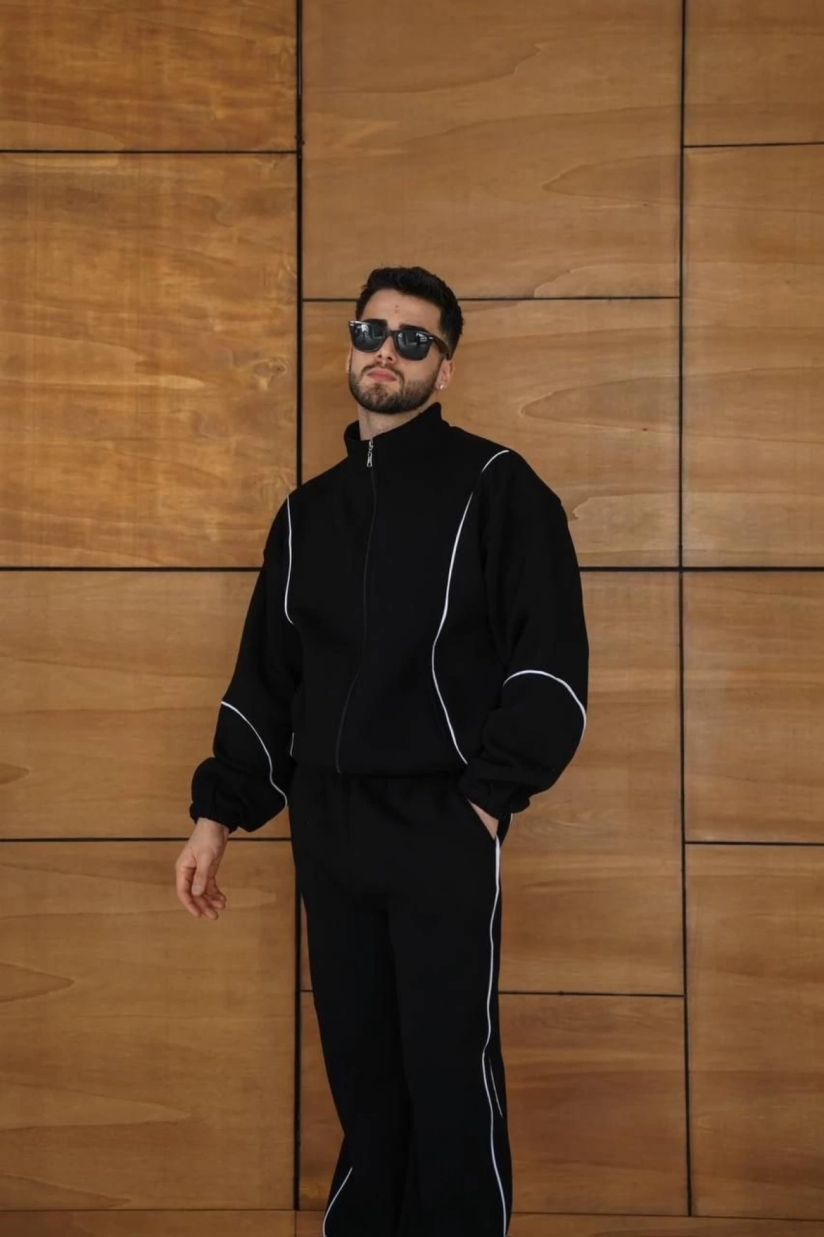 Erkek Premium Parçalı Eşofman Takım - Dik Yaka Fermuarlı Biyeli Sweatshirt Lastik Paça Alt, Oversize 3 iplik Şardonlu - Siyah