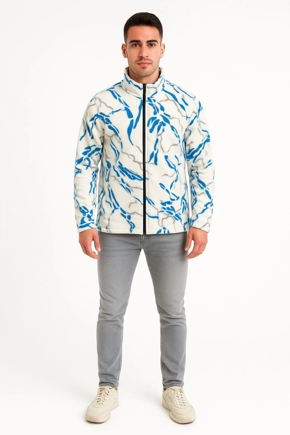 Erkek Tam Fermuarlı Desenli Polar Sweat Lightning Desen Yakalı, Uzun Kollu, Oversize Rahat Kalıp - Beyaz