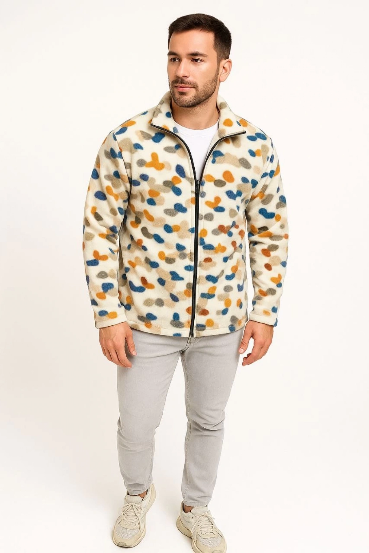 Erkek Tam Fermuarlı Desenli Polar Sweat – Siyah Multicolor Figür Desen Yakalı, Uzun Kollu, Oversize Rahat Kalıp- Beyaz