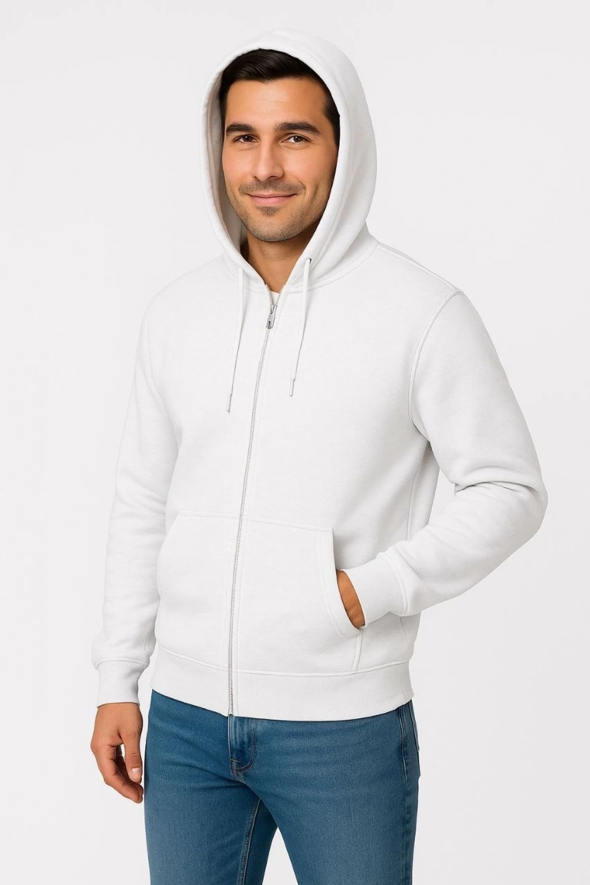 Erkek Üç İplik Kapüşonlu Tam Fermuarlı Kanguru Cepli SweatShirt Hoodie - Beyaz
