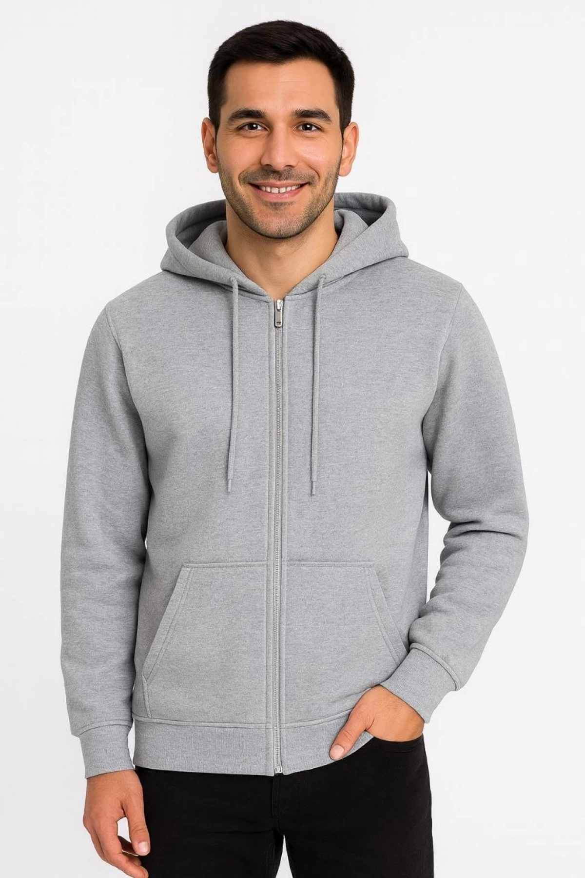 Erkek Üç İplik Kapüşonlu Tam Fermuarlı Kanguru Çepli SweatShirt Hoodie - Gri