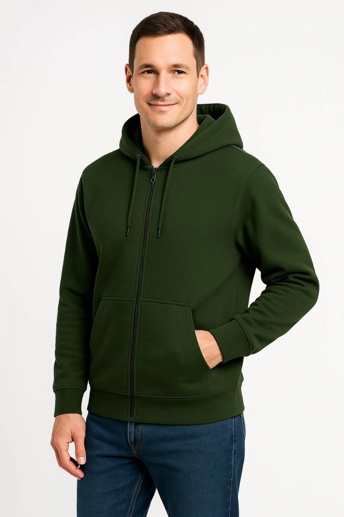 Erkek Üç İplik Kapüşonlu Tam Fermuarlı Kanguru Cepli Sweatshirt Hoodie - Haki