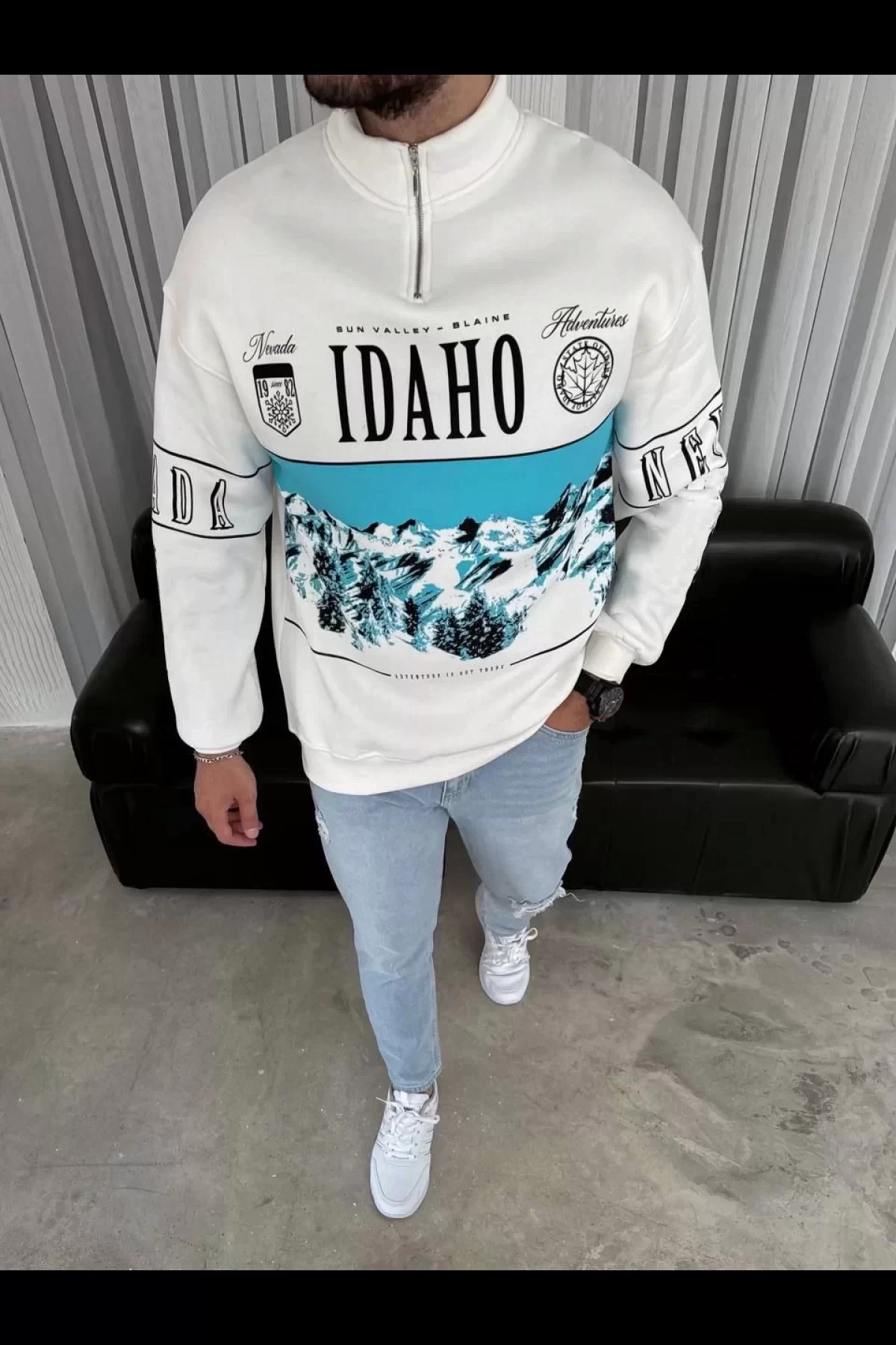 Erkek Yarım Fermuarlı Oversize Baskılı SweatShirt - Beyaz