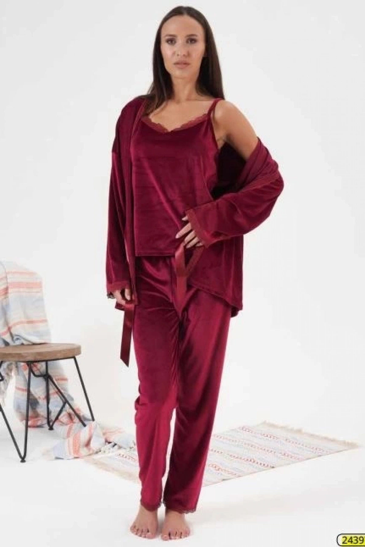 Estiva 24397 Bayan Kadife 3lü Pijama Takım