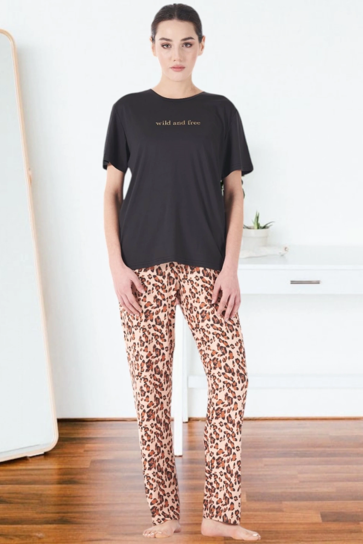 Estiva 25161 Kadın Marla Leoparlı Kısa Kol Pijama Takımı