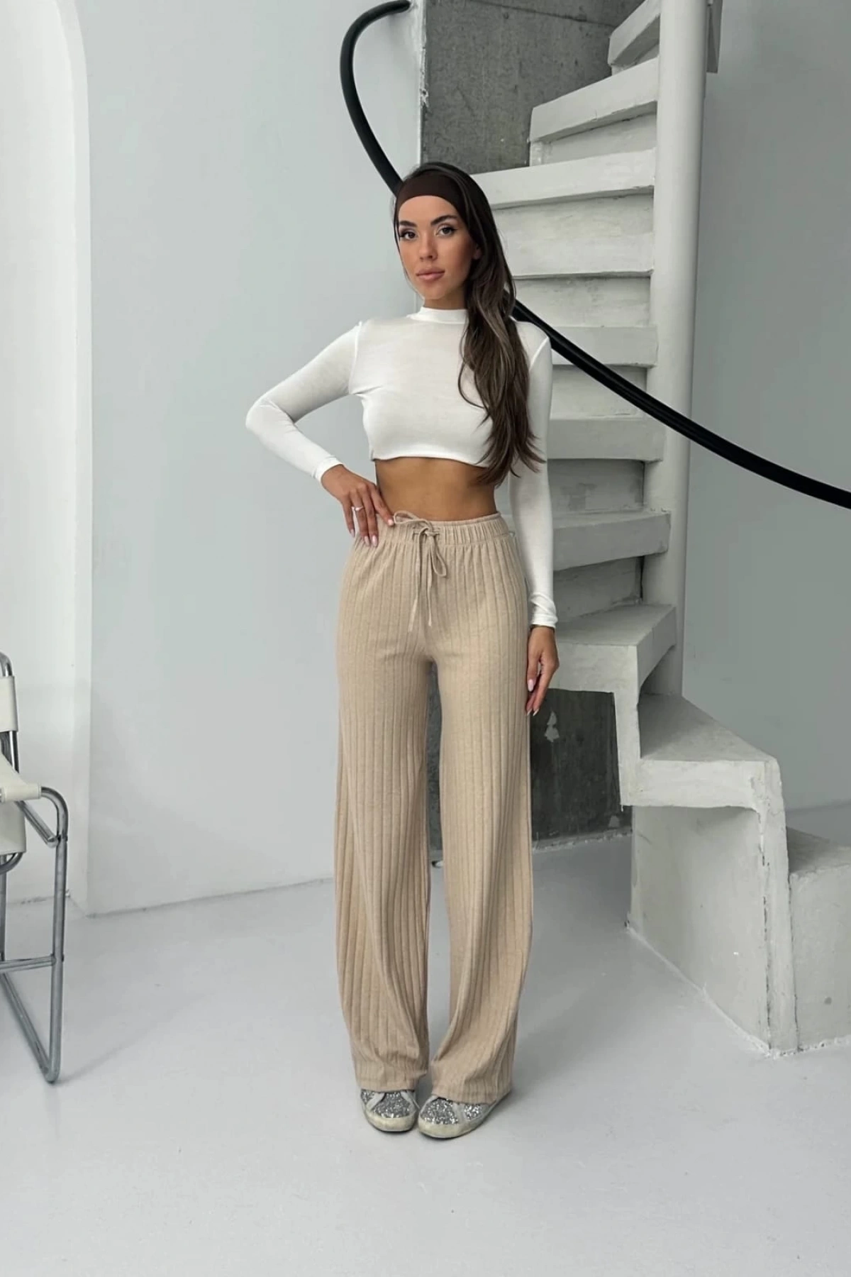 Fitilli şardonlu pantolon bej a4058