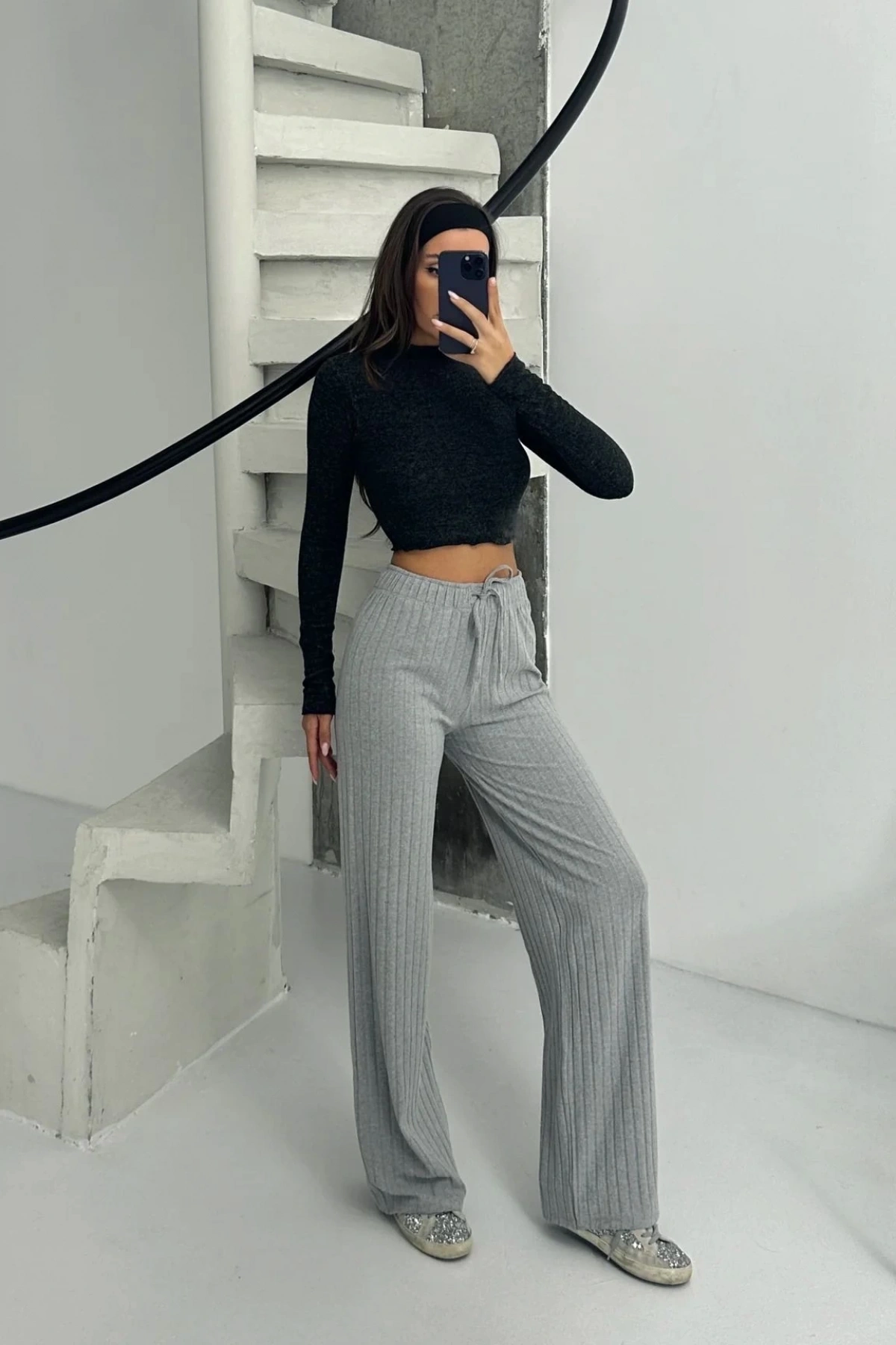 Fitilli şardonlu pantolon gri a4058