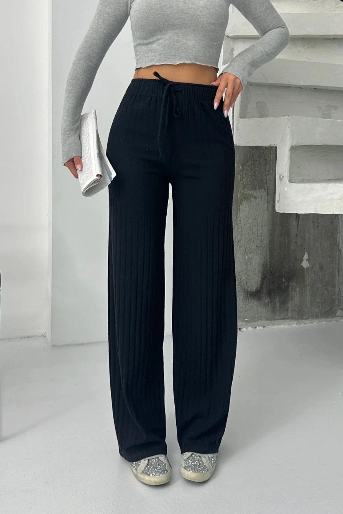 Fitilli şardonlu pantolon siyah a4058